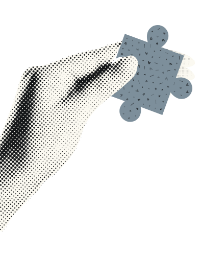 A hand holding a blue jigsaw puzzle piece.