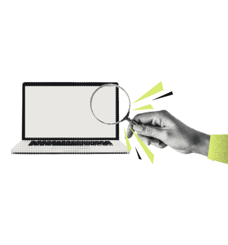 A human hand holding a magnifying glass over a laptop computer with a stylized graphic design.