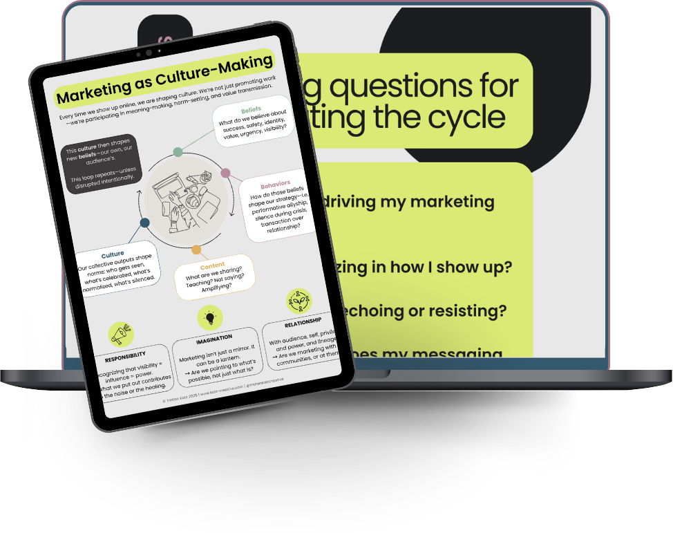 A tablet displays a diagram titled "Marketing as Culture-Making" with sections about beliefs, behaviors, culture, content, responsibility, imagination, and relationship. Behind the tablet, a larger screen shows part of a presentation slide with questions about implementing a cycle in marketing.