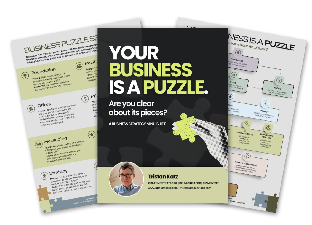 Cover page of a business strategy mini-guide titled "Your Business Is a Puzzle" with a hand holding a puzzle piece, a photo of Tristan Katz, and pages showing sections about foundation, offers, messaging, strategy, pricing, and other business components.