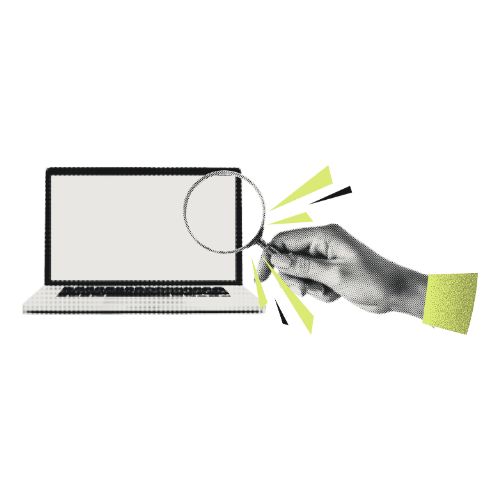 A hand holding a magnifying glass over a computer screen with a yellow highlight suggesting inspection or analysis.