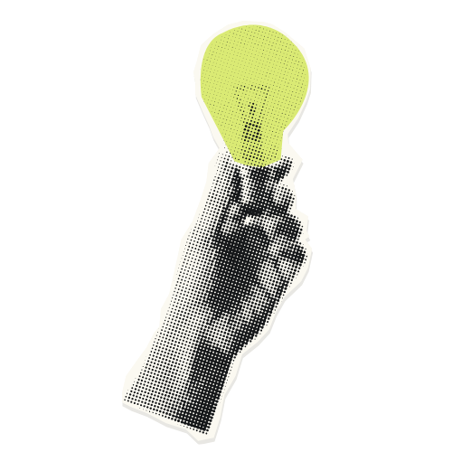 A black and white illustration of a hand holding a yellow-green lightbulb.