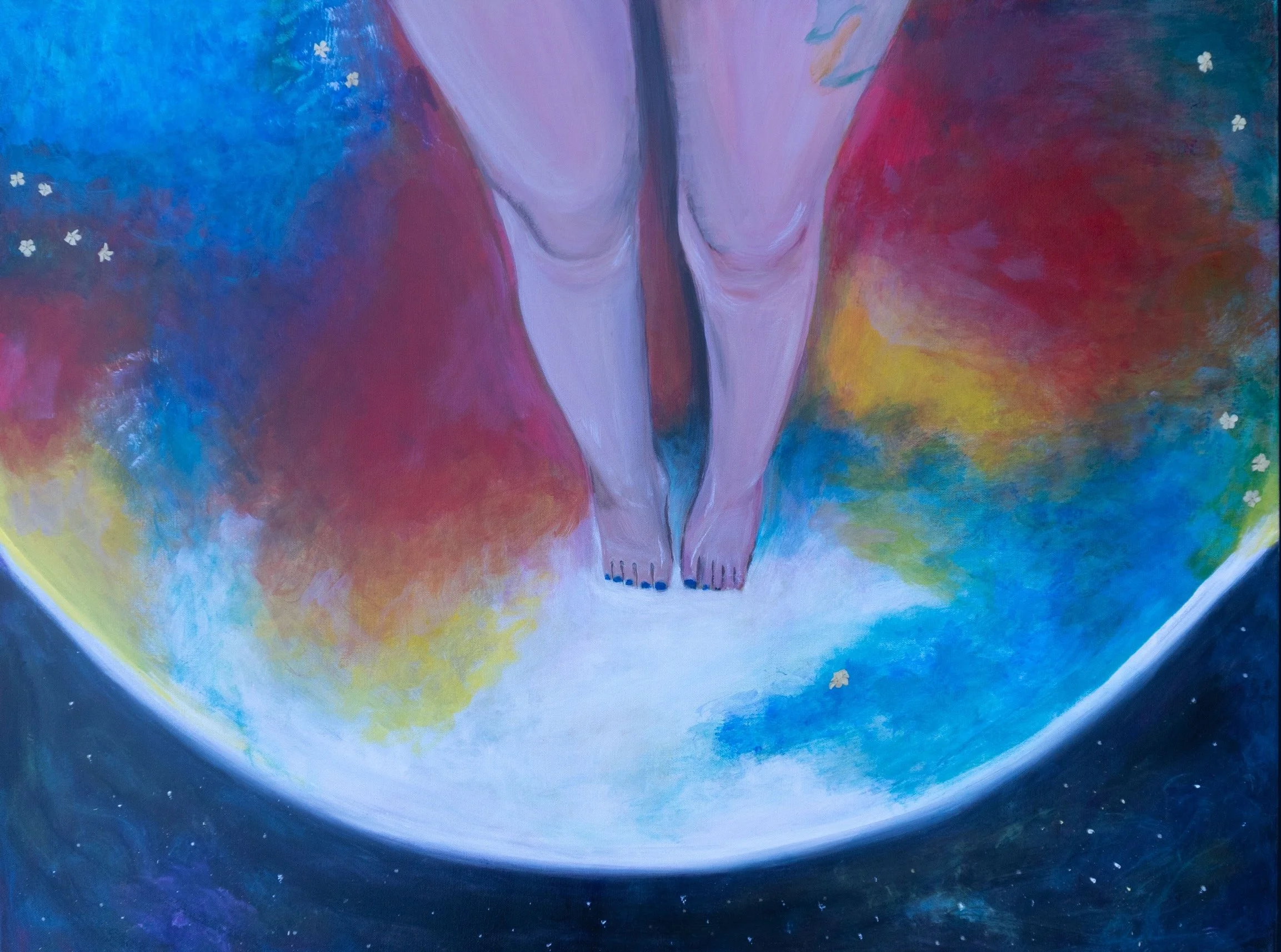 Come Back to Earth is a vibrant contemporary acrylic painting by disabled and queer artist Genevieve Ramos. The artwork depicts a pair of feet standing delicately on the glowing curve of a white moon, surrounded by swirling clouds of red, blue, yello