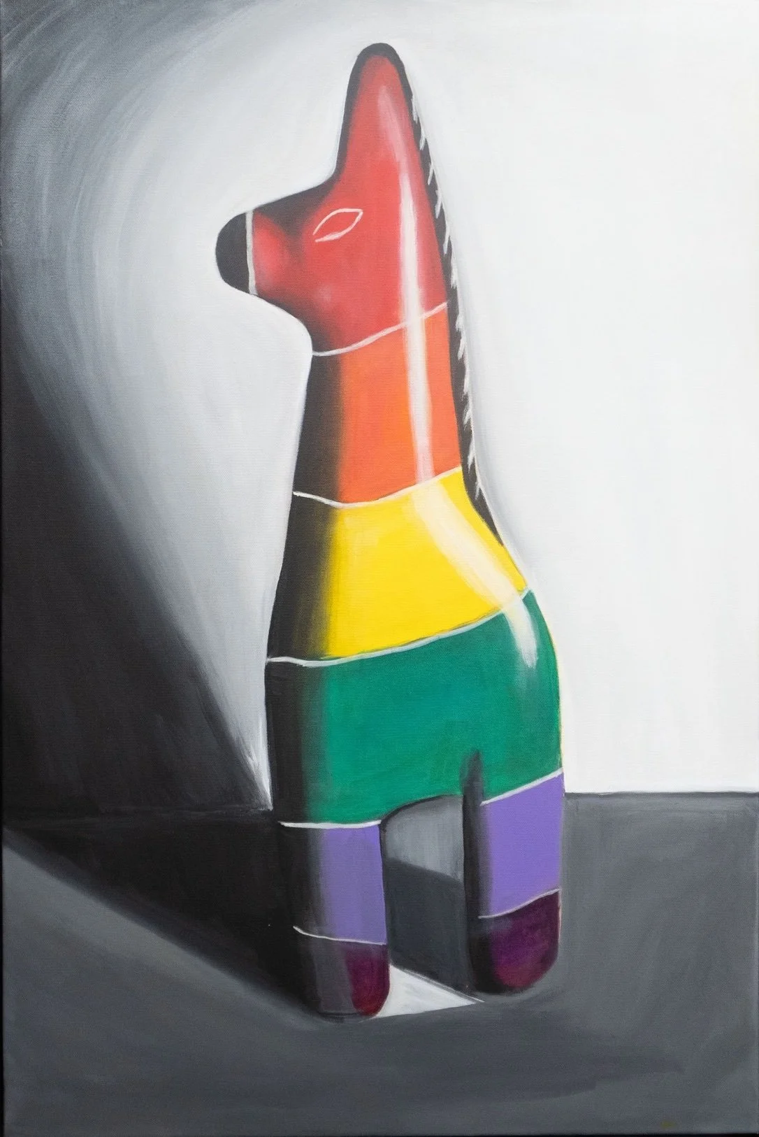 “Spirit” painting by disabled and queer artist Genevieve Ramos. A rainbow-striped donkey stands upright against a black and white background, symbolizing Pride, identity, and resilience in contemporary art.
