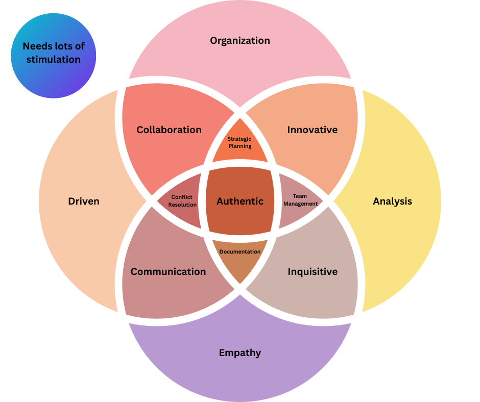 A Venn Diagram overlapping skills in the categories of Empathy, Driven, Organization, and Analysis