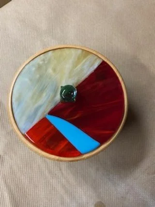 Wooden Bowl w Tan, Red w Turquoise Stipe Bowl 6" Diameter
