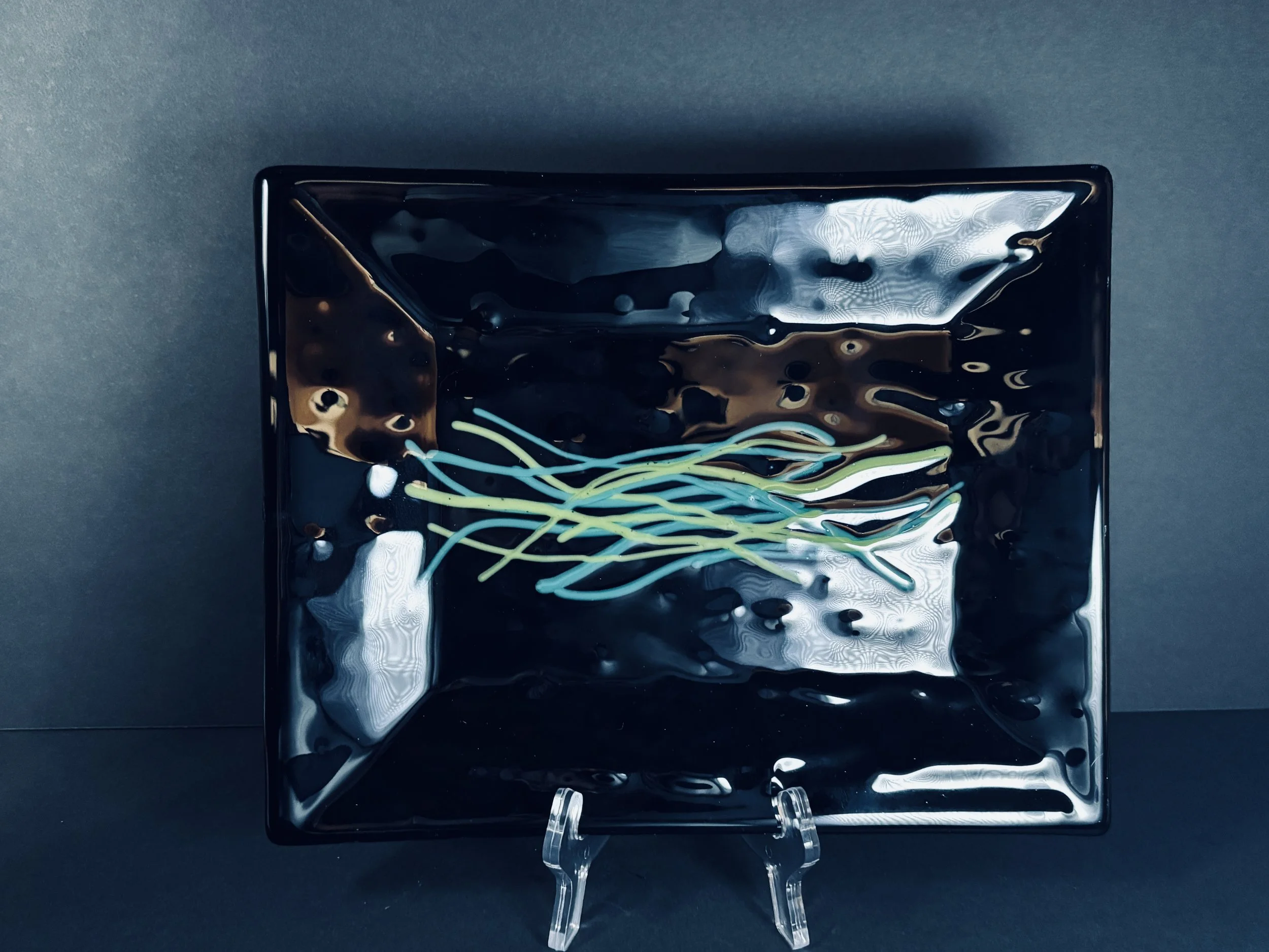 Black Square Platter w Green, Blue Stringers