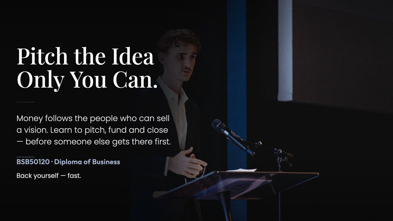 AIOL Diploma of Business visual showing a student presenting an idea with the message Pitch the Idea Only You Can