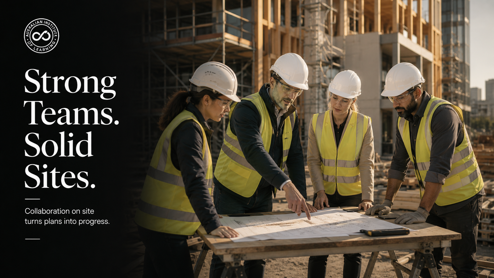 Construction team reviewing plans on site with the words Strong Teams Solid Sites