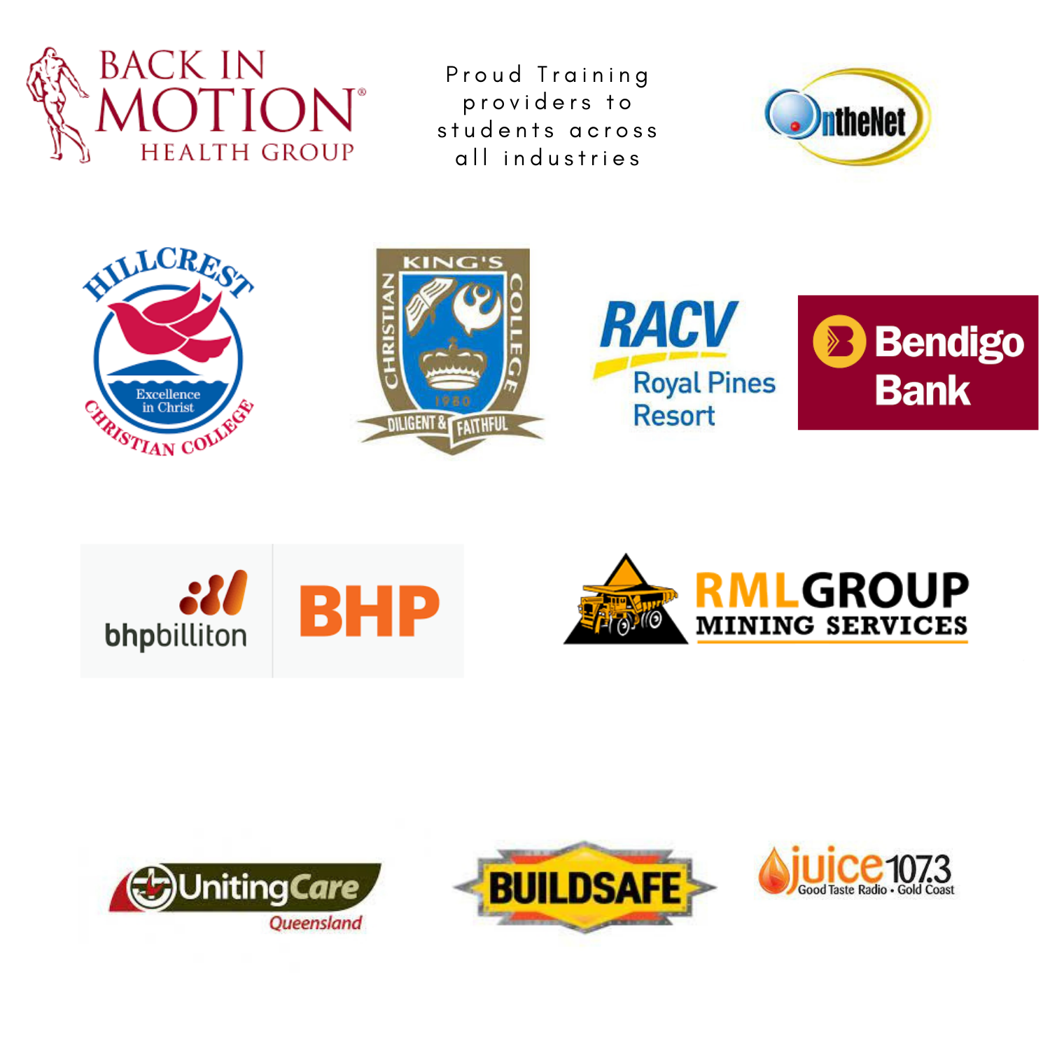Reference artwork showing organisations connected with Australian Institute of Learning students, including Back in Motion Health Group, On the Net, Hillcrest Christian College, King's Christian College, RACV Royal Pines Resort, Bendigo Bank, BHP, RML Group Mining Services, UnitingCare Queensland, Buildsafe and Juice 107.3