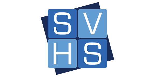 Four blue letter tiles arranged in a square, spelling out V, S, H, S.