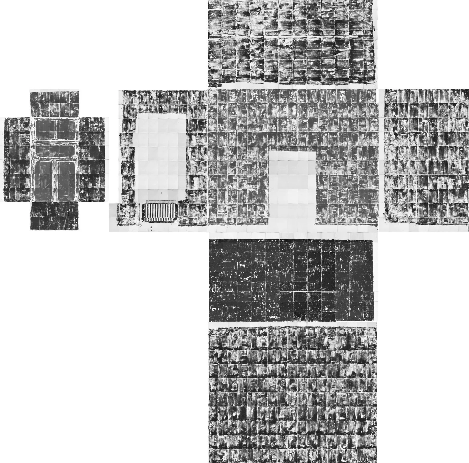 Site-specific installation overview by Gábor Koós, featuring print-based wall and floor reconstructions from the Chimera-Project exhibition, emphasizing archival practice and conceptual spatial memory.