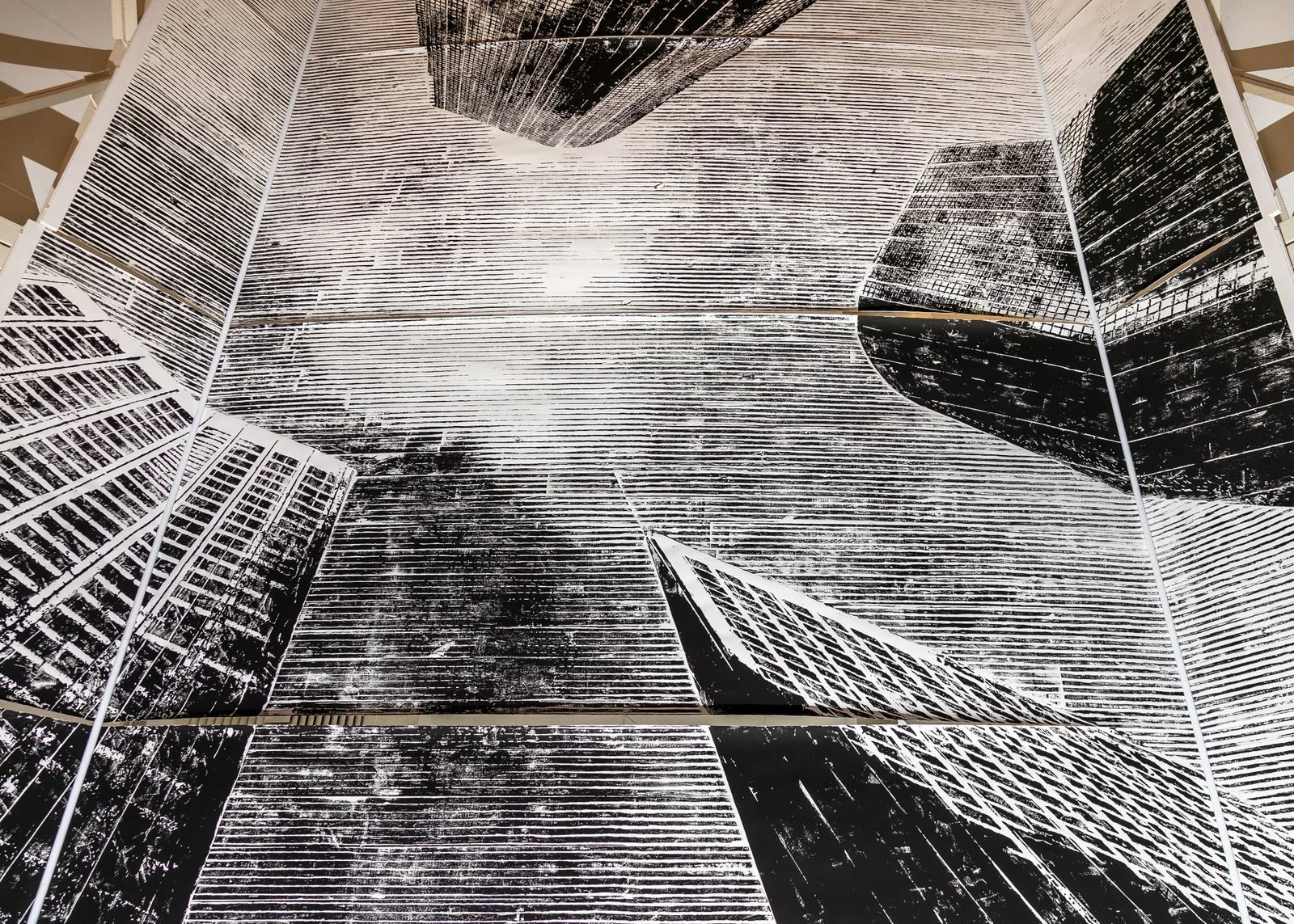 Ceiling panel detail of cityscape woodcut print by Gábor Koós, part of USA Diary.