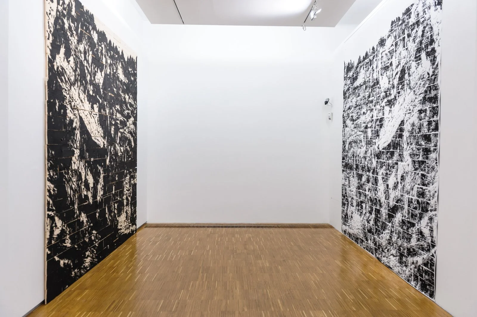 Gábor Koós’s black-and-white woodcut installation reflecting on geological formations and spatial perception