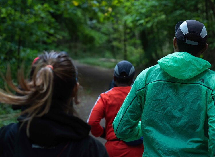 Four people hiking on a forest trail during daylight, wearing colorful outdoor jackets.