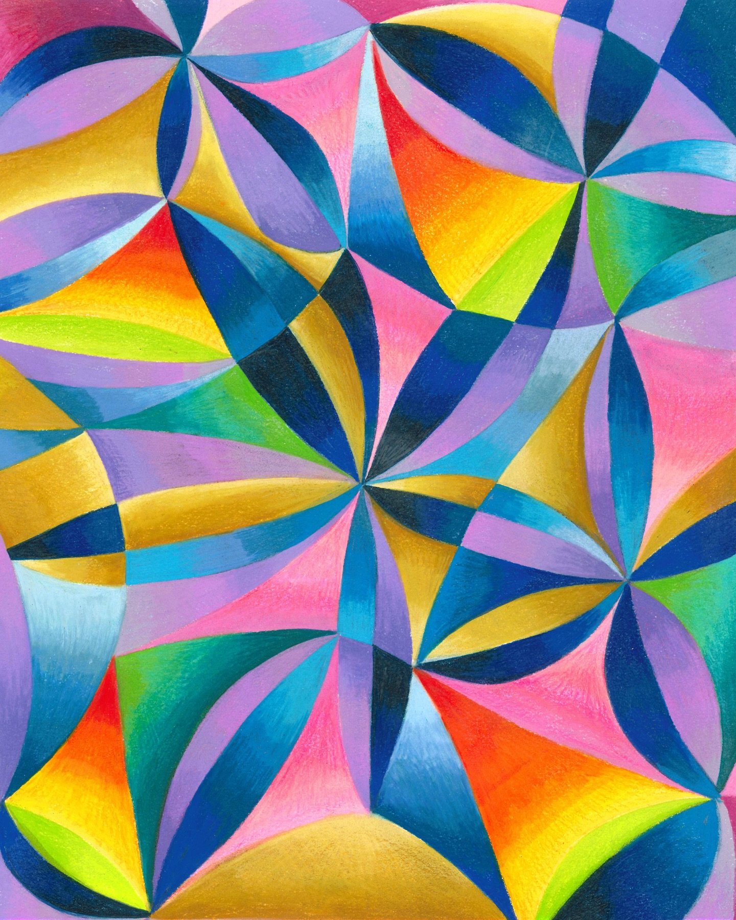 Radial Reverie
ink and colored pencil on cotton rag paper
40 x 30 cm, 16 x 12 inches  
In petaled arcs the colors rise, like whispered thoughts beneath closed eyes. A wheel of wonder, turning slow, in radiant dreams that start to glow.

Each line, a 