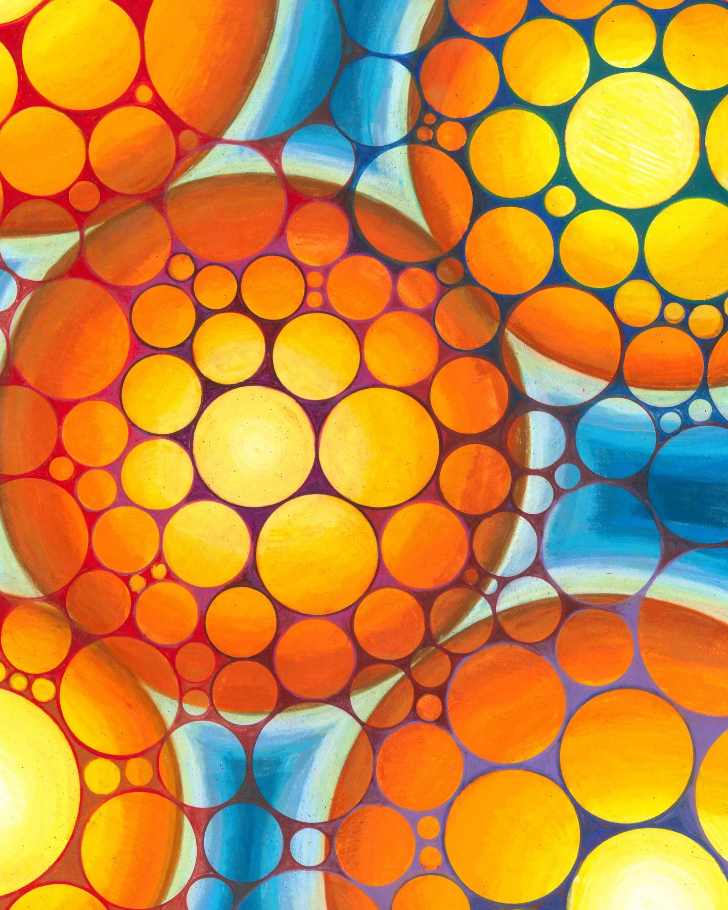 Heliospheric Synesthesia
ink and colored pencil on cotton rag paper
40 x 30 cm, 16 x 12 inches 

A chorus of suns in a field of flame,
Each orb a note in a spectral game.
Orange and yellow, warm to the core,
Echo through space in a radiant score.

Cy
