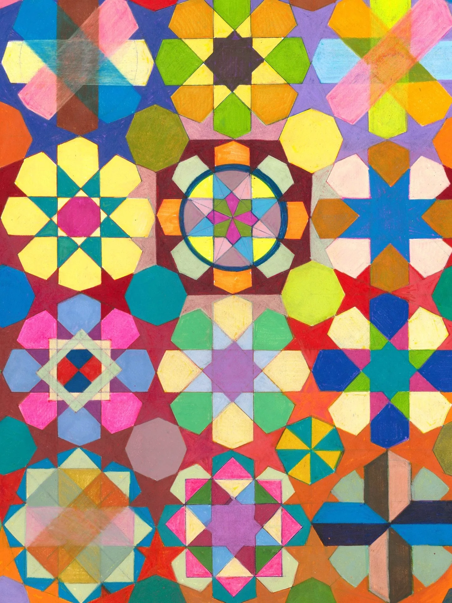 Polychrome Paradox
ink and colored pencil on archival cotton paper 
40 x 30 cm / 16 x 12 inches
Polychrome Paradox explores the vibrant complexities and contradictions inherent in color and form. Through intricate geometric patterns and a vivid pale