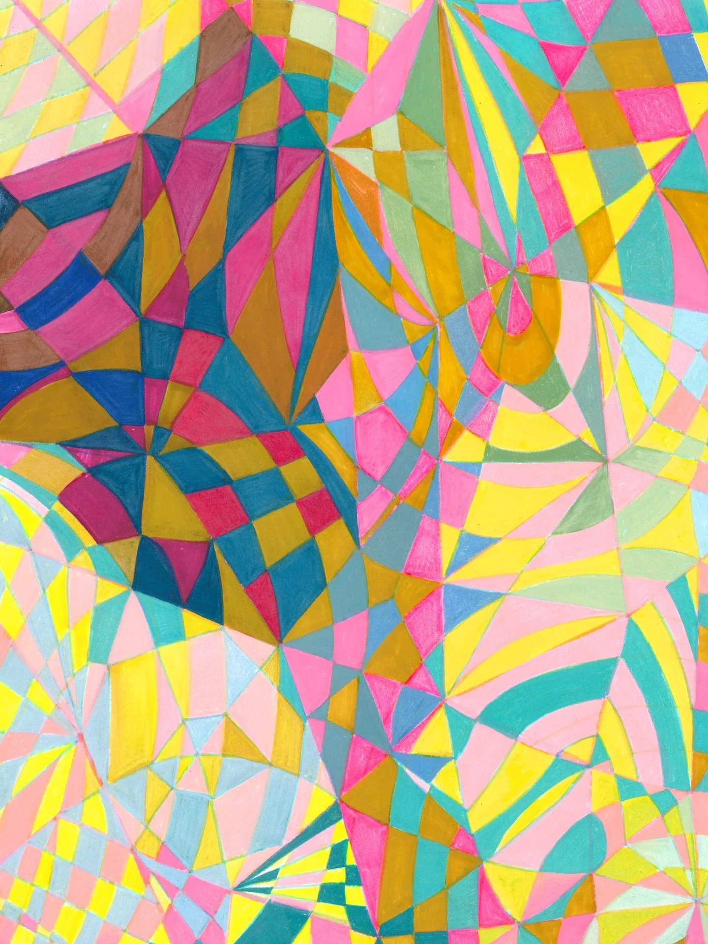 Ebullient Entropy
ink and colored pencil on archival cotton paper 
40 x 30 cm / 16 x 12 inches
Ebullient Entropy explores the tension between order and chaos, harmony and disruption. The composition unfolds as a dynamic field of primary colors