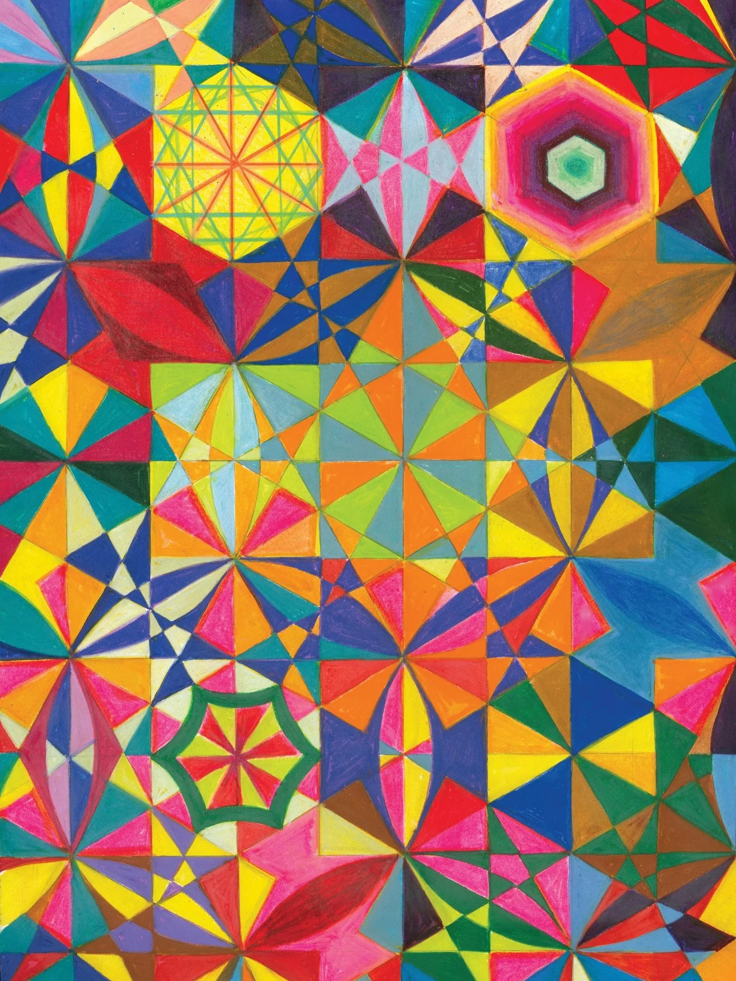 Axial Algorithm
ink and colored pencil on archival cotton paper 
40 x 30 cm / 16 x 12 inches
Around each axis, color turns,
A quiet law the pattern learns.
Angles whisper, lines repeat,
In coded dance, precision’s beat.
Each orbit hums a meas