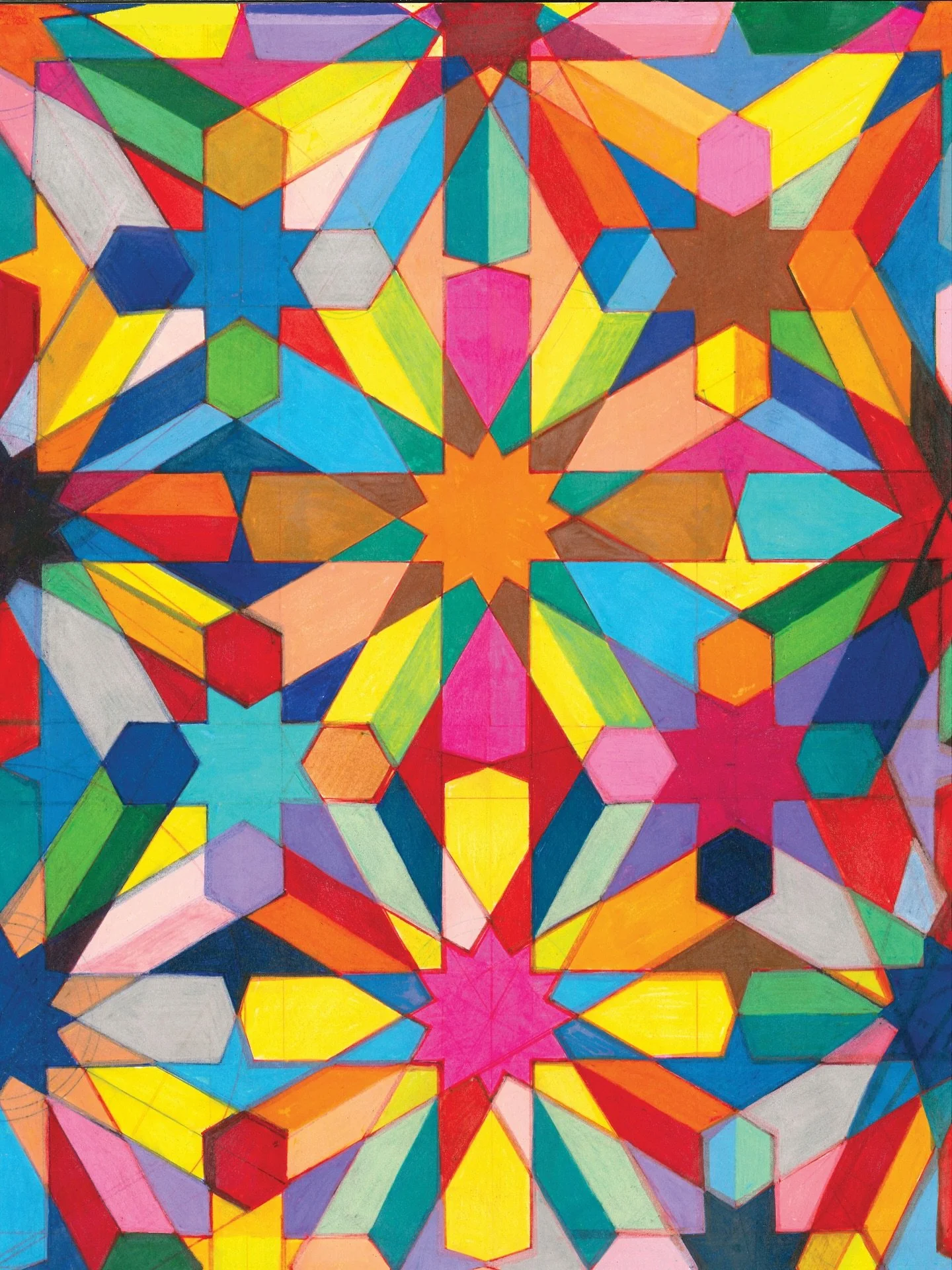 Calculated Constellation
ink and colored pencil on archival cotton paper 
40 x 30 cm / 16 x 12 inches
Each angle hums a measured tune,
A compass waltz beneath the moon.
Where light divides, it multiplies,
And patterns bloom before our eyes.
The sta