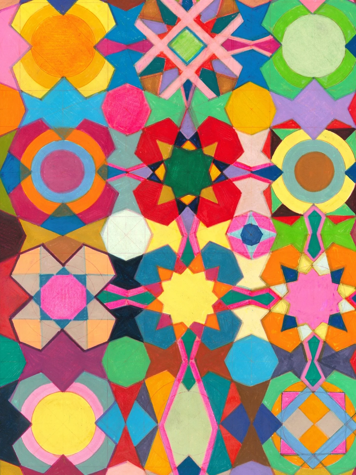 Deconstructed Devotion
ink and colored pencil on archival cotton paper 
40 x 30 cm / 16 x 12 inches

Deconstructed Devotion engages Islamic geometric design to explore spirituality, individuality, and aesthetic order. By disrupting the grid, it chall