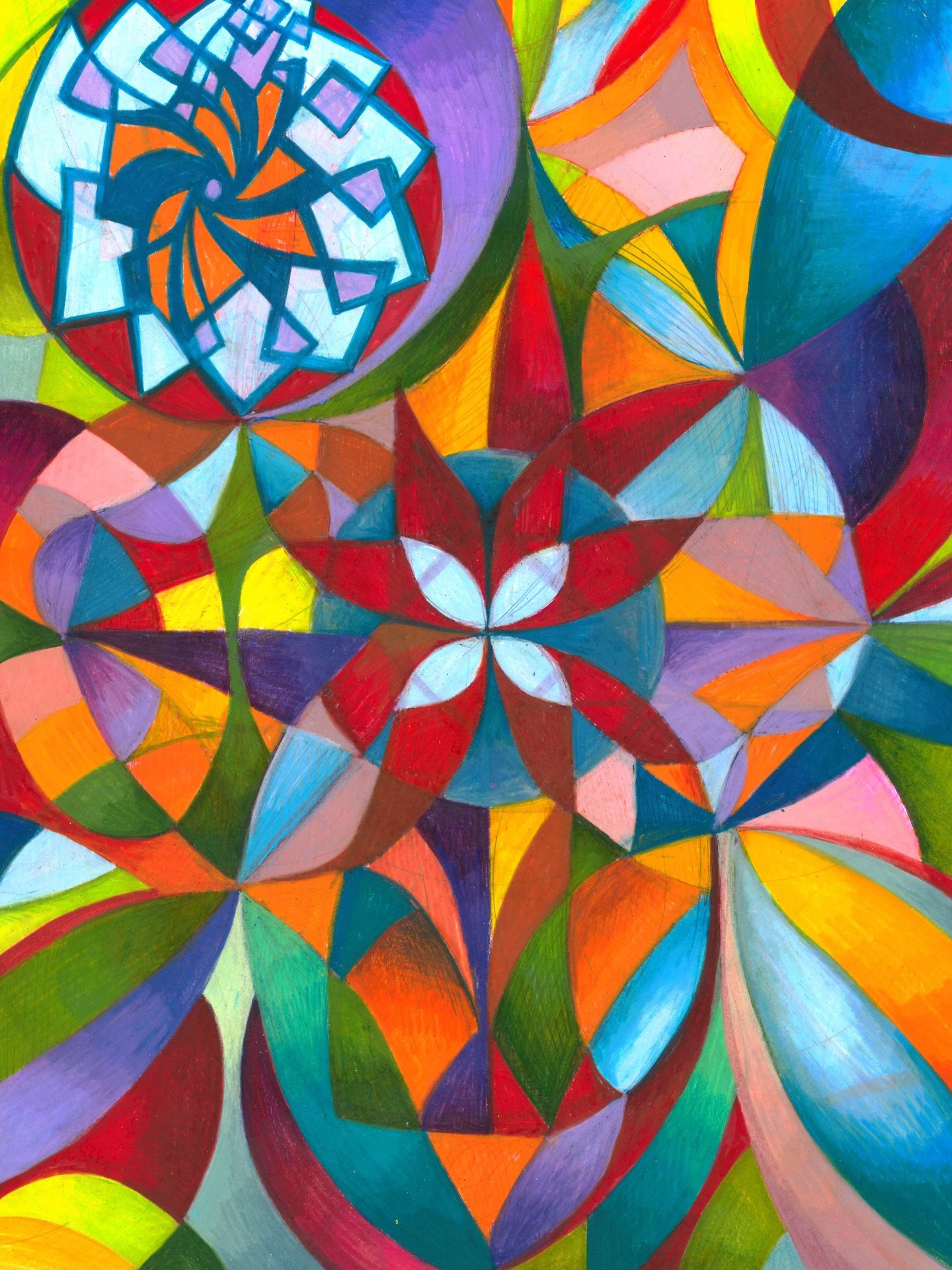 Tangled Twilight
ink and colored pencil on archival cotton paper 
40 x 30 cm / 16 x 12 inches
 
The wheel keeps turning
in a lantern made of light,
Where the colors keep talking
through the long electric night.

I saw a flower made of fragments,
bloo