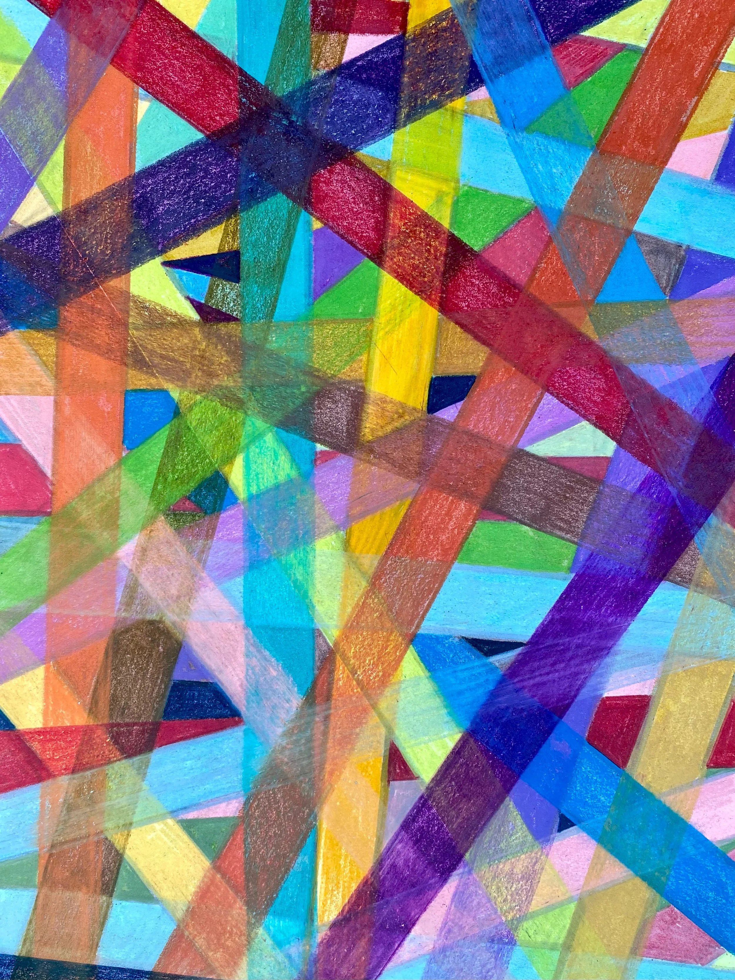 Layered Logic

Crossed lines divide the open space.
Bright colors fight for second place.
Transparent bars of blue and green,
A structured grid, a complex scene.

Each angle holds a hidden rule,
Where chaos meets a steady tool.
The logic builds from 