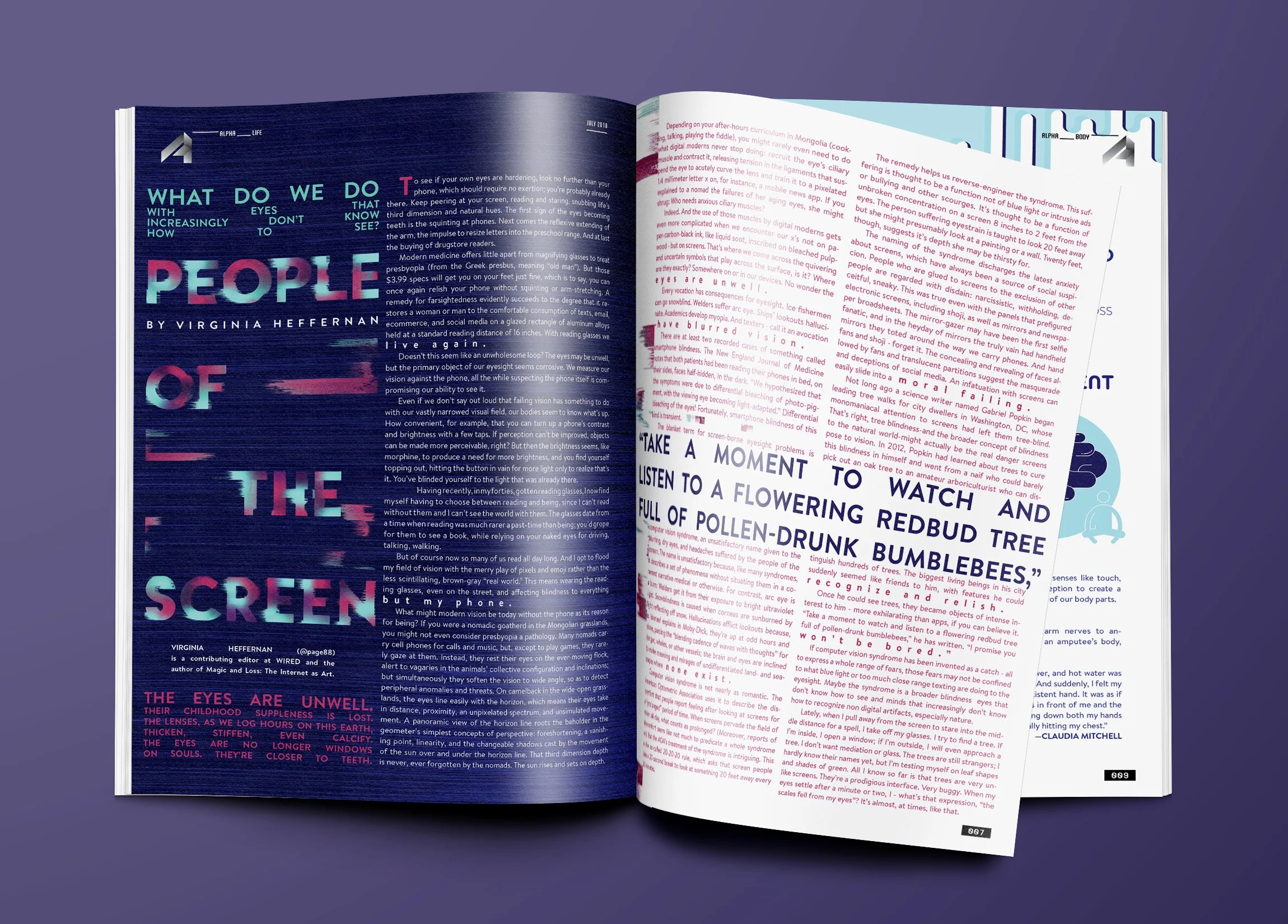 Open magazine spread with colorful text and abstract graphic design. The left page features a blue background and the text 'What do we do with our eyes, how do we not see, people of the screen,' in large, colorful letters. The right page contains tex