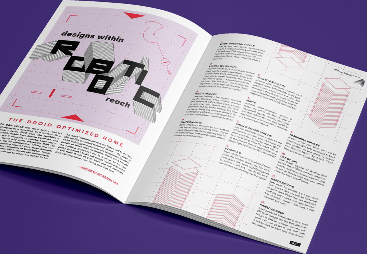 Open magazine with technical diagrams, text, and futuristic graphics on a purple background.
