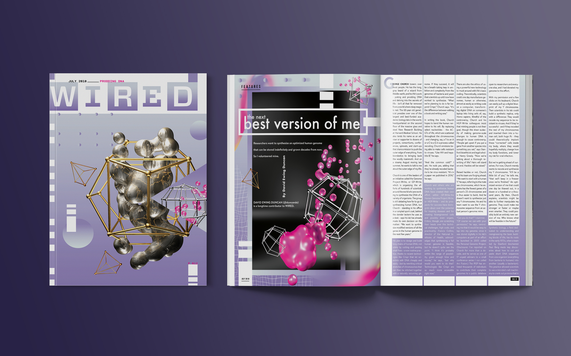 An open magazine showing a futuristic design with abstract 3D shapes, molecular graphics, and stylized text on a purple background.