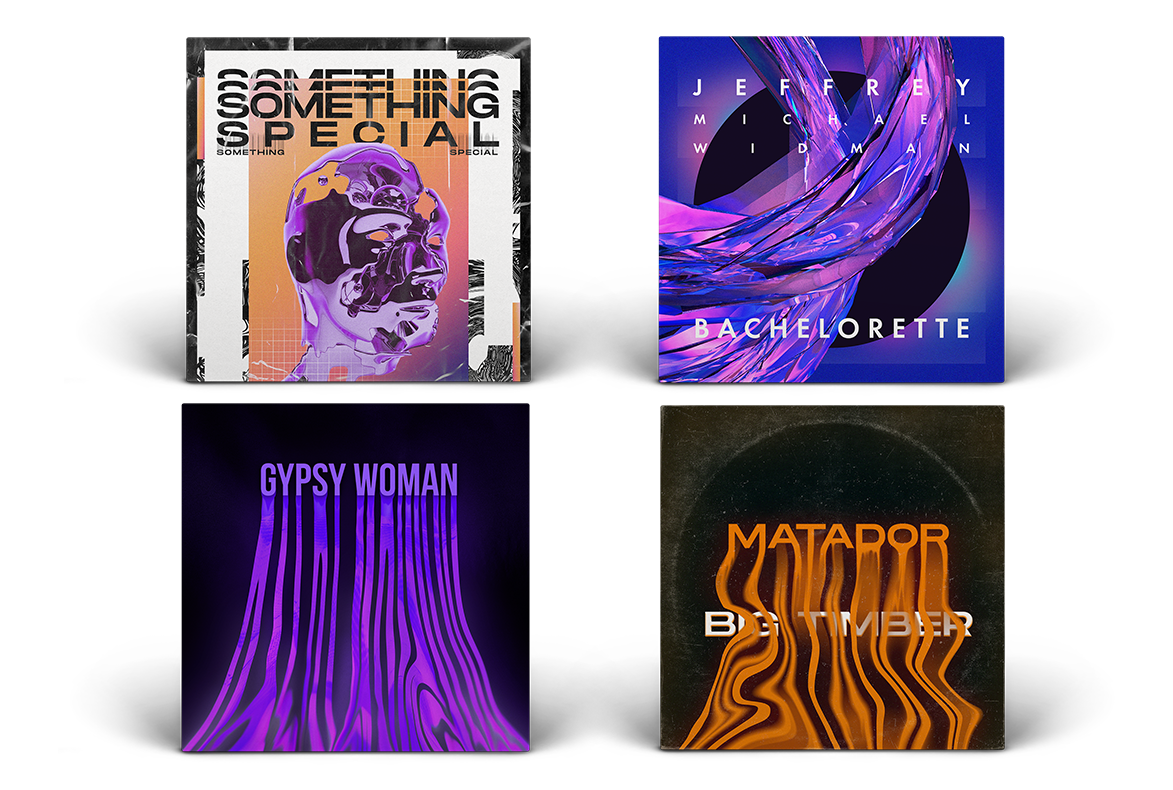 Four square album covers with vibrant, abstract, and futuristic designs.