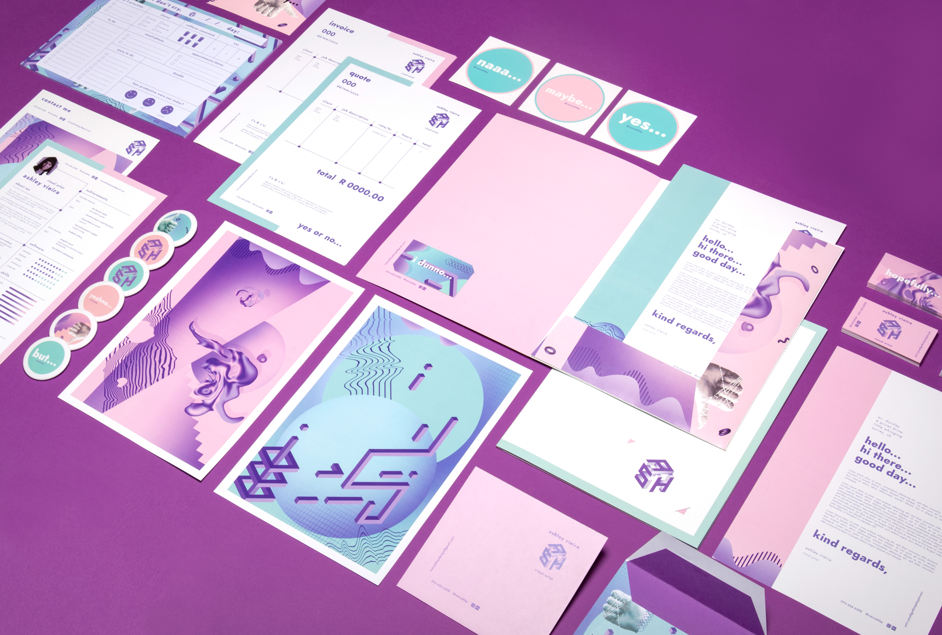 A collection of graphic design stationery and branding materials laid out on a purple surface, including flyers, business cards, stickers, postcards, and posters in pastel colors with modern, abstract designs.