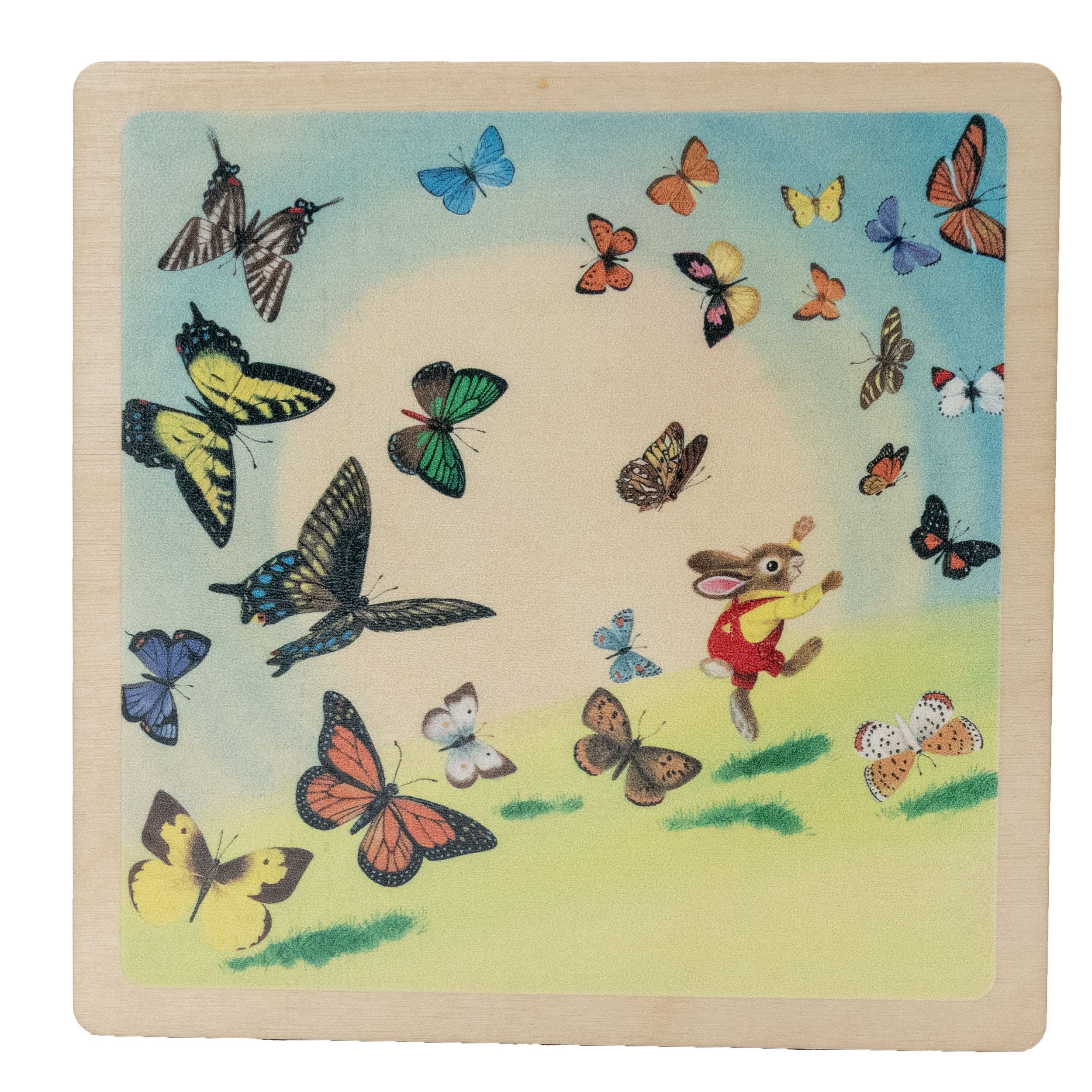 Illustration of a rabbit in a yellow shirt and red overalls chasing colorful butterflies on a grassy field.