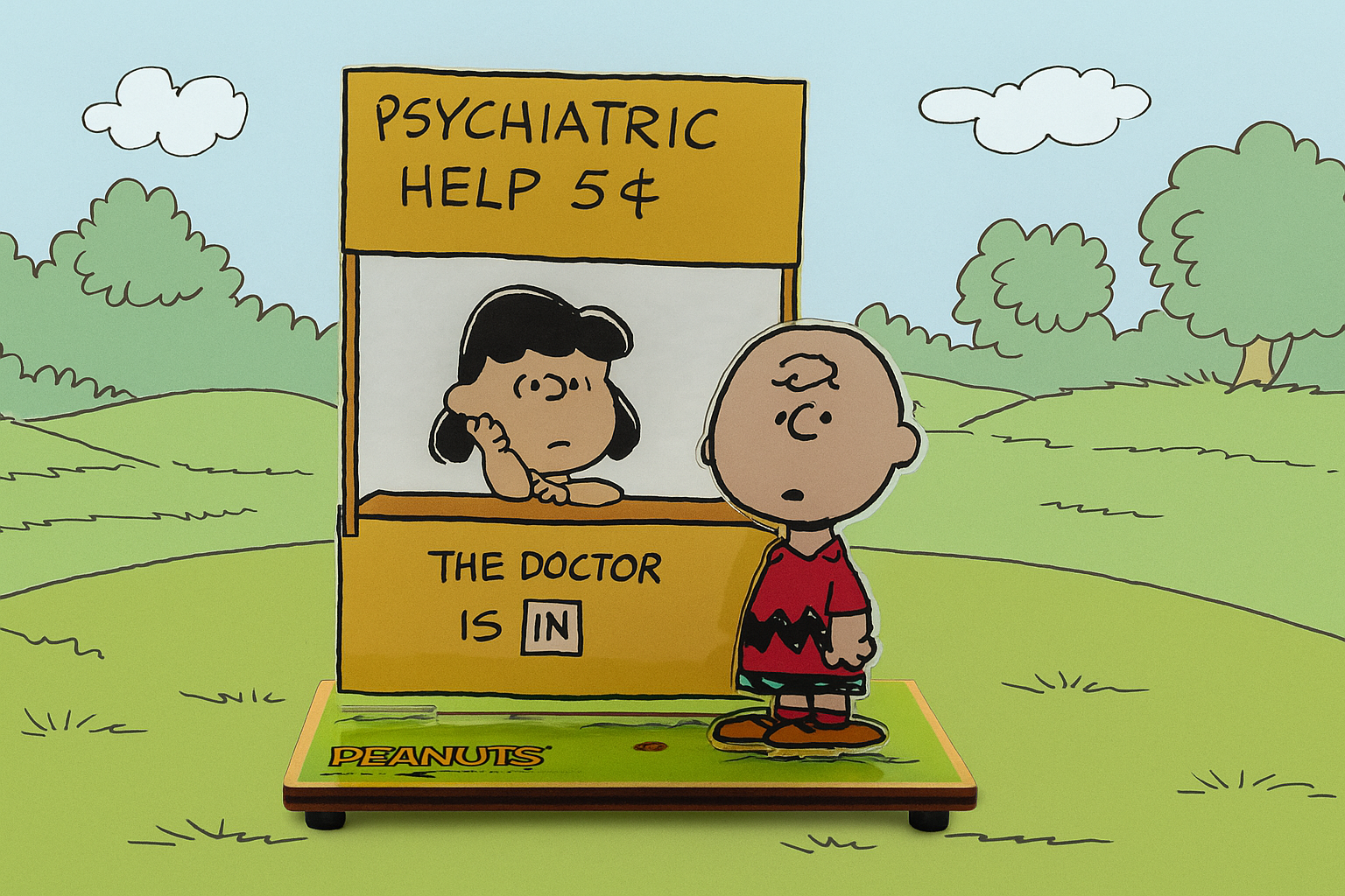 Step right up—the doctor is in! Relive one of the most beloved moments in Peanuts history with this beautifully layered laser-cut acrylic sculpture, capturing Lucy’s classic psychiatrist booth and Charlie Brown’s earnest expression in vivid color and