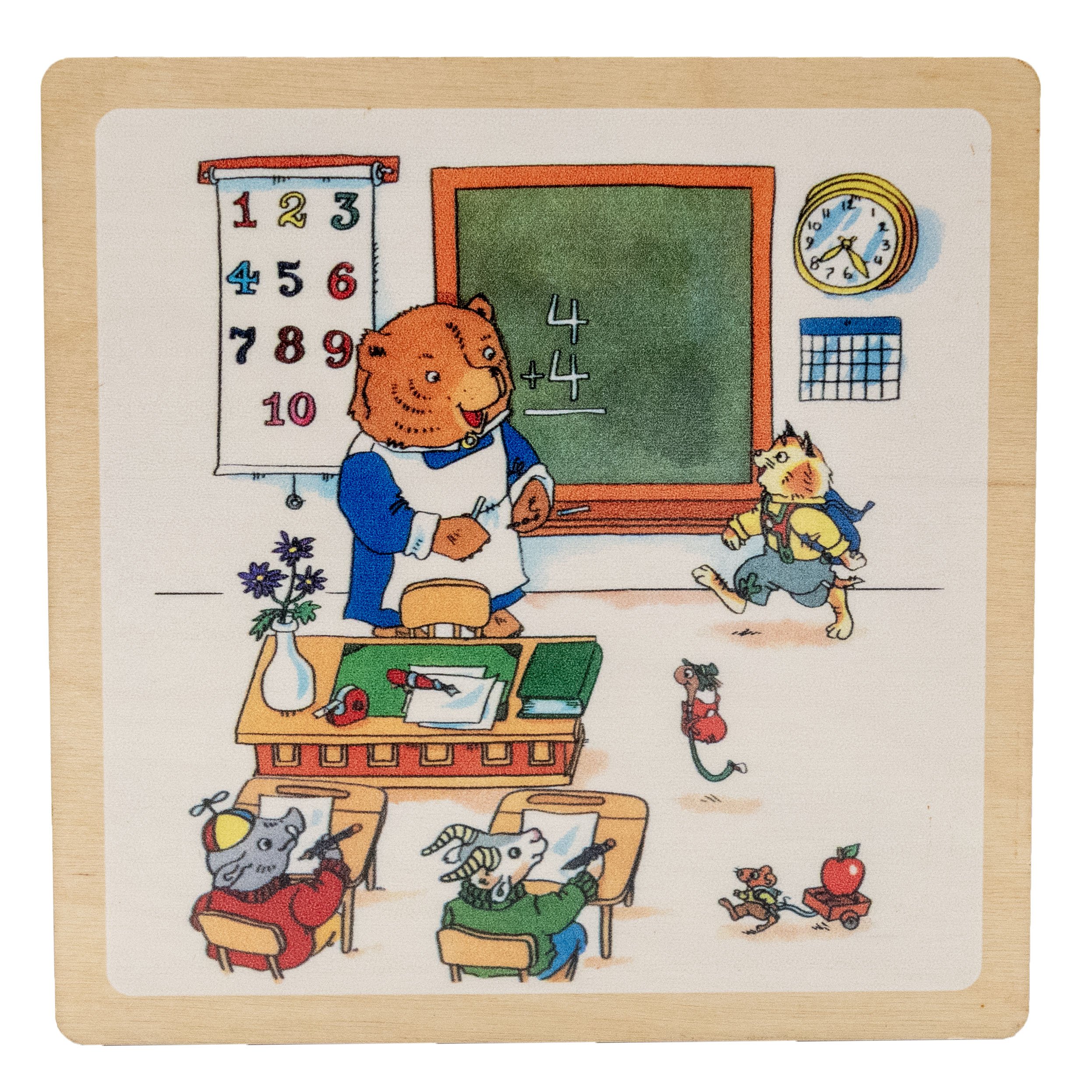 Illustration of an animal classroom with a bear teacher at a chalkboard showing math. Animal students, including a cat, mouse, and others, are at desks. The room has colorful decorations and includes a clock and number chart.