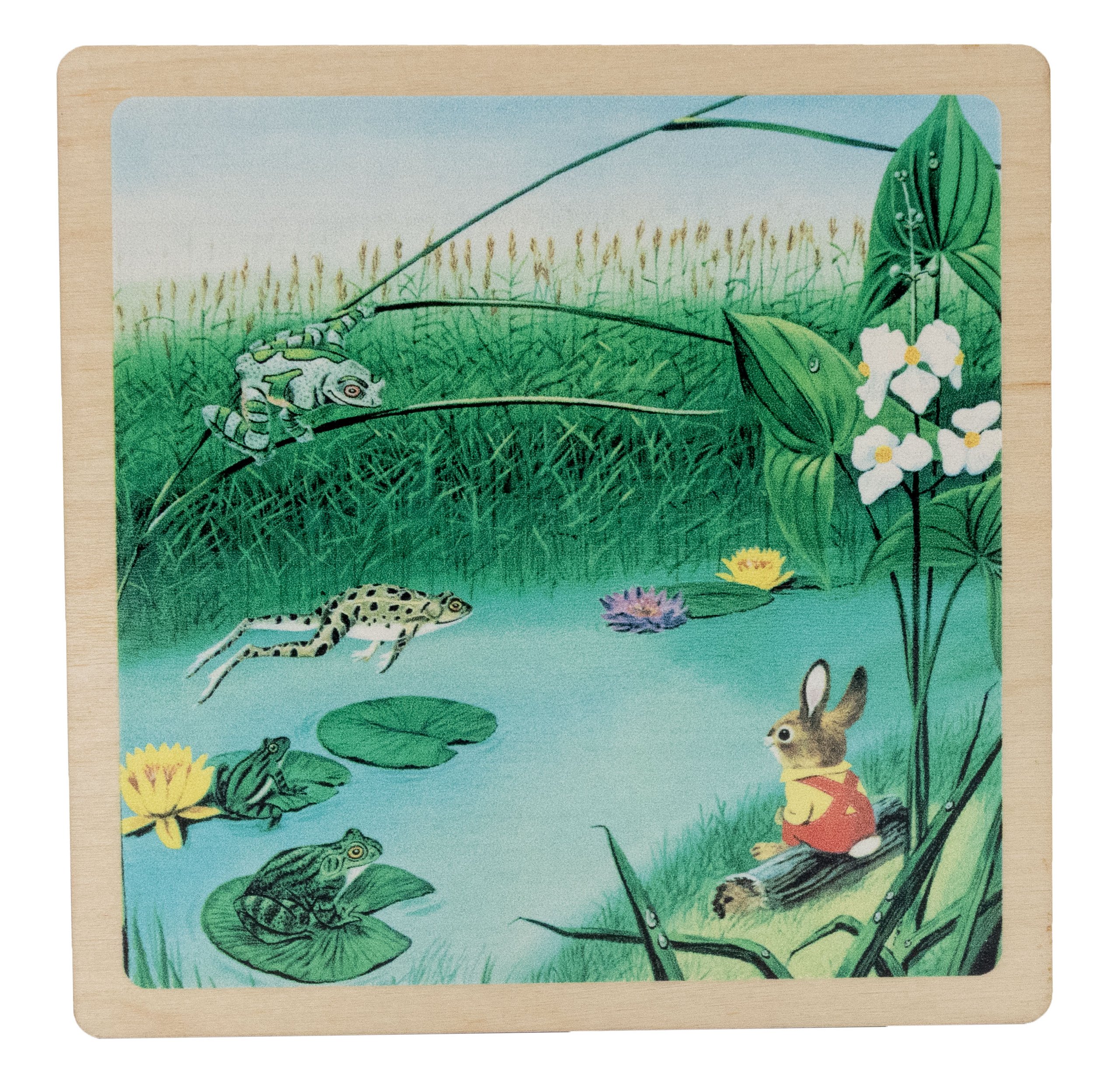 Illustration of a pond scene with frogs, a rabbit in overalls, water lilies, and blooming plants.