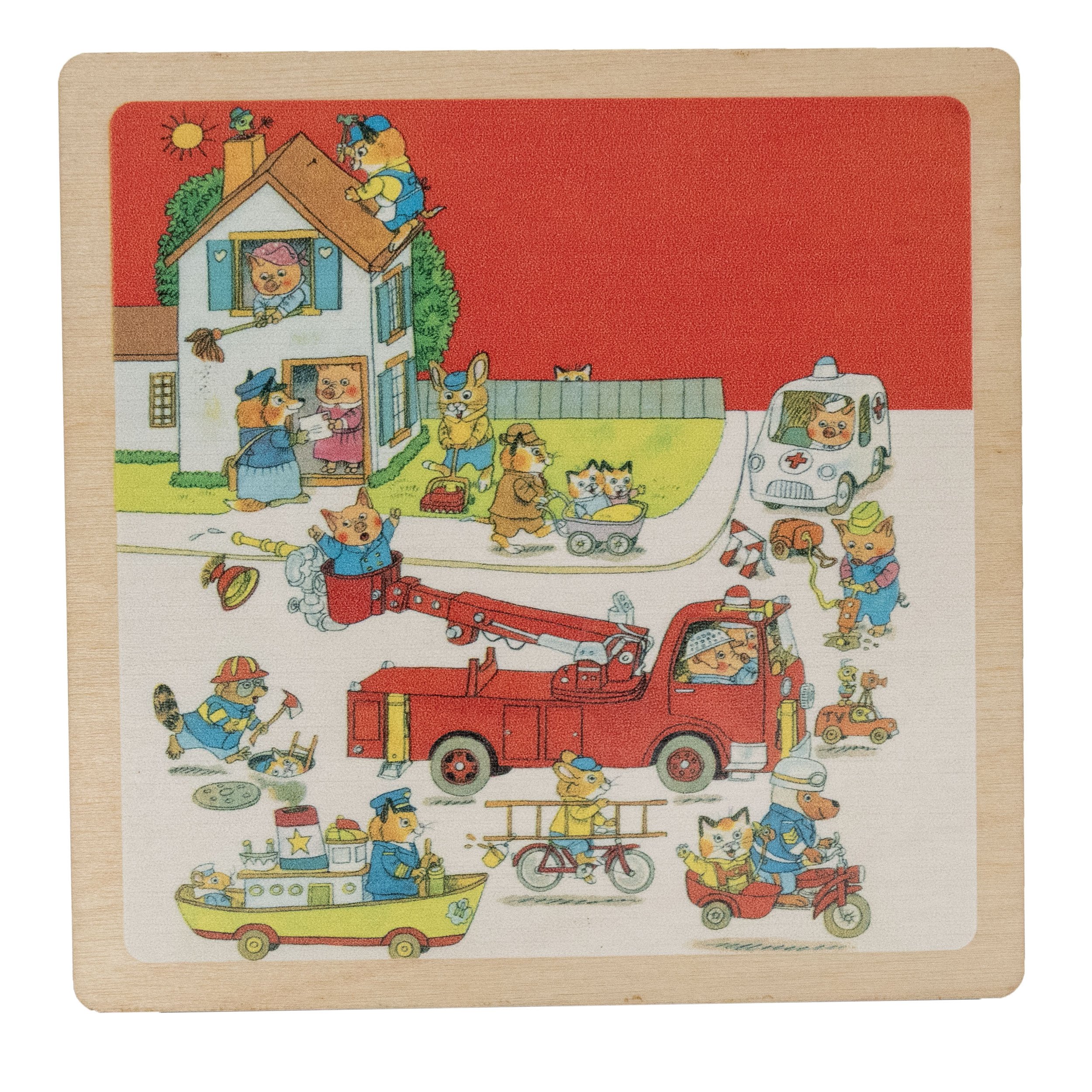 Whimsical animal town illustration with various animals, including a fire truck, ambulance, and fireboat, in a busy scene with houses, animals on road, and emergency vehicles.