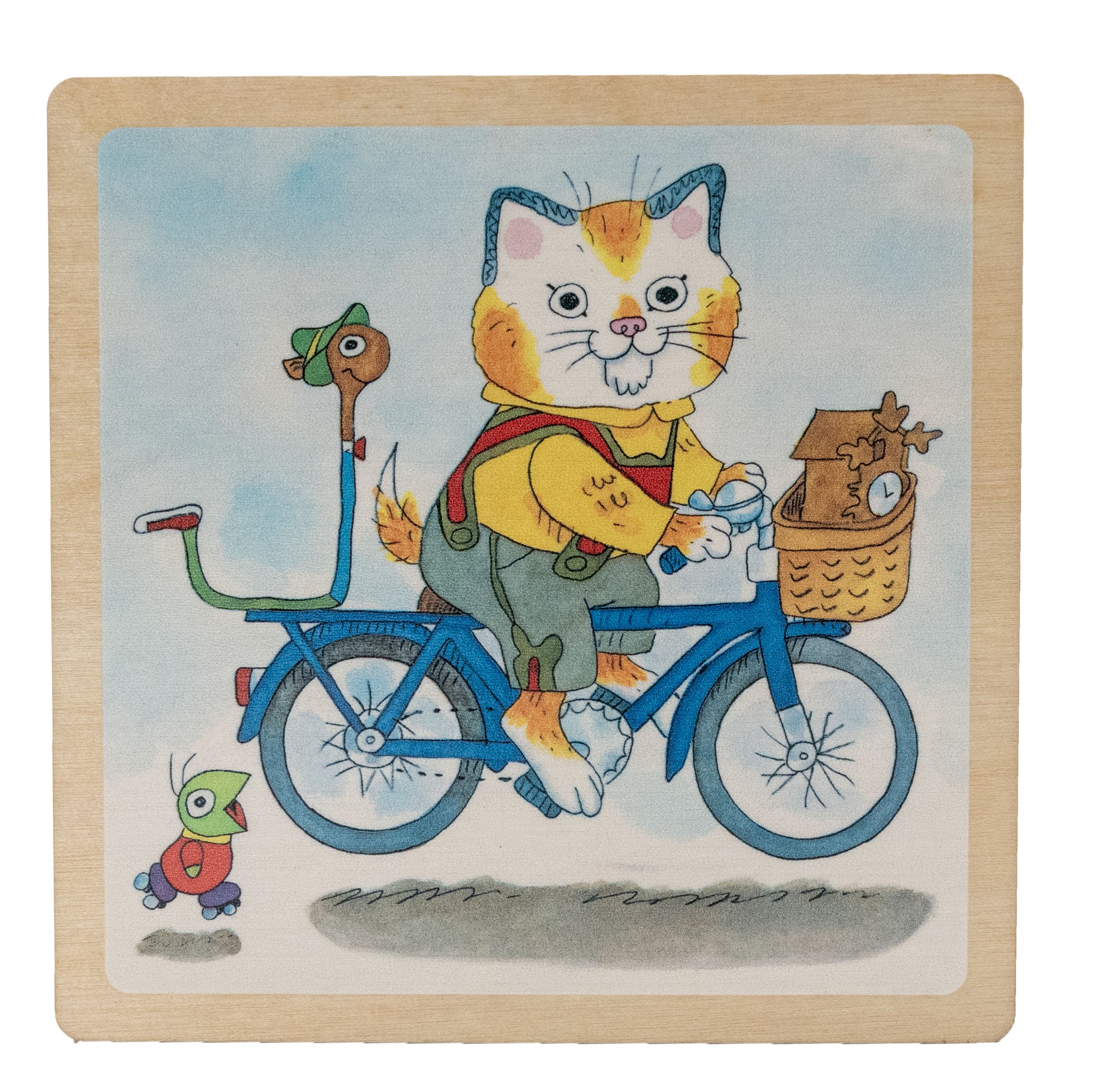 Illustration of a cat riding a blue bicycle with a basket carrying a clock and a cuckoo bird. The cat is wearing green overalls and a yellow shirt. A small colorful bird follows them.