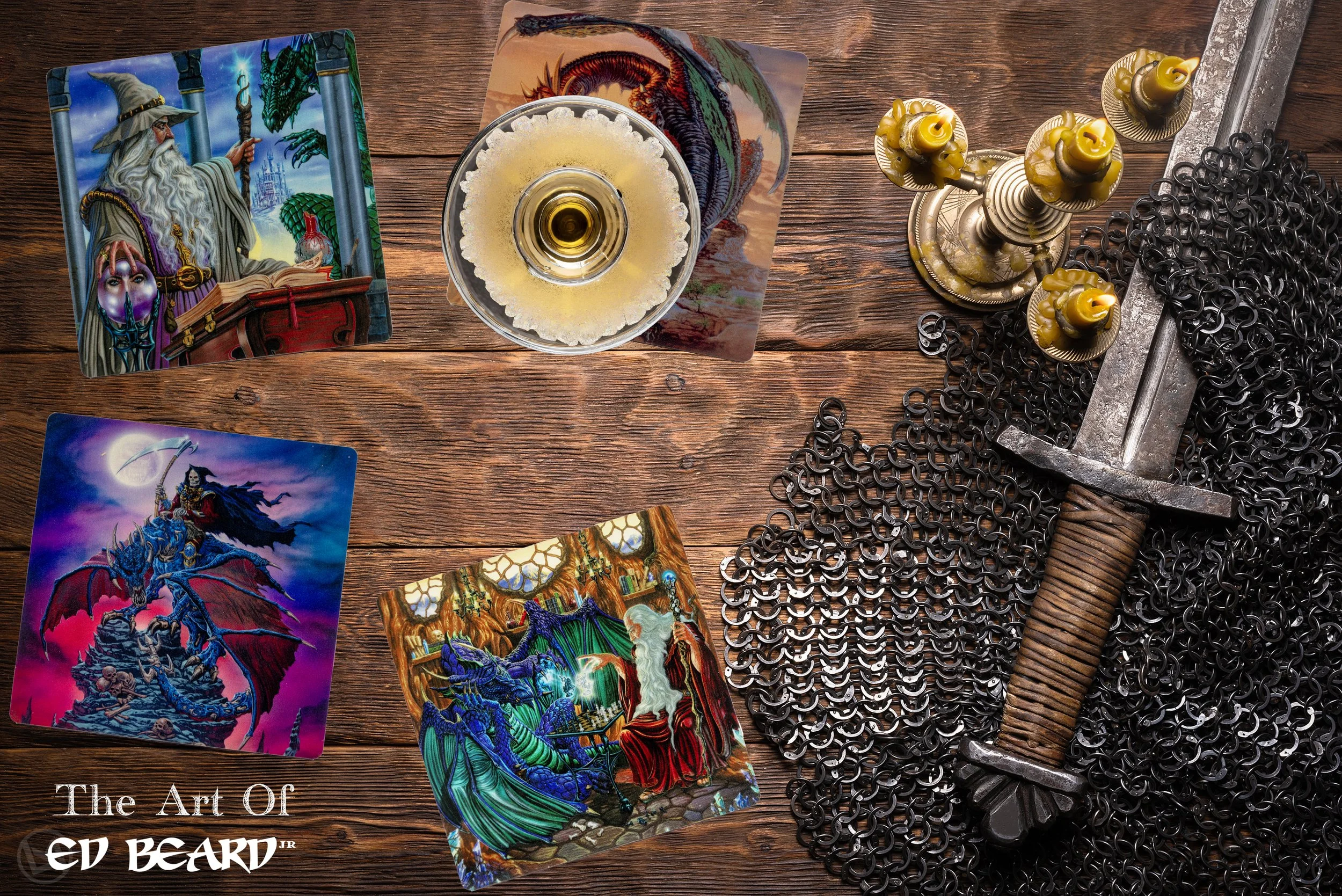 Fantasy artwork of wizards, dragons, and medieval themes by Ed Beard, featuring colorful illustrations on a wooden table with chainmail, a sword, and candles.