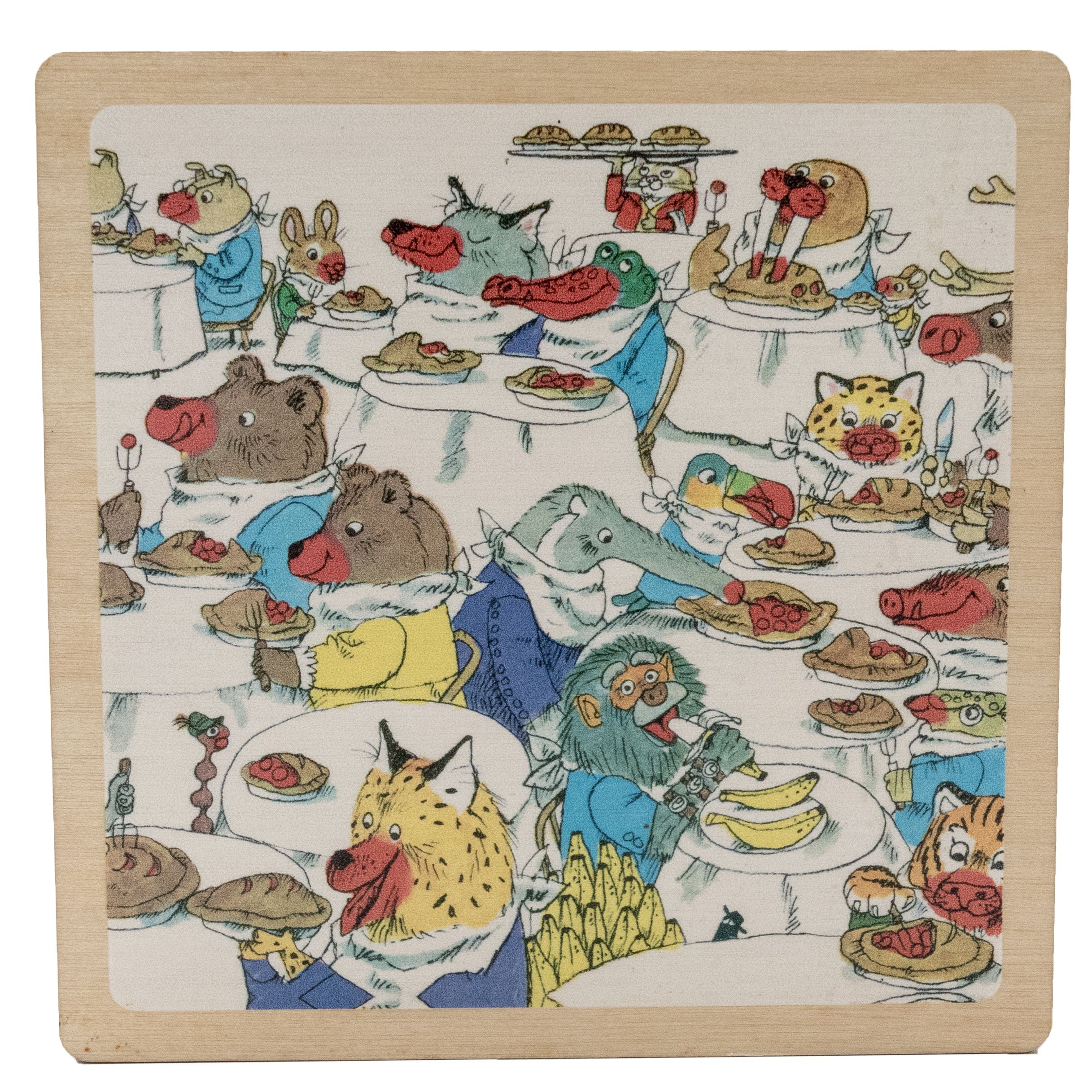 Illustration of anthropomorphic animals having a meal