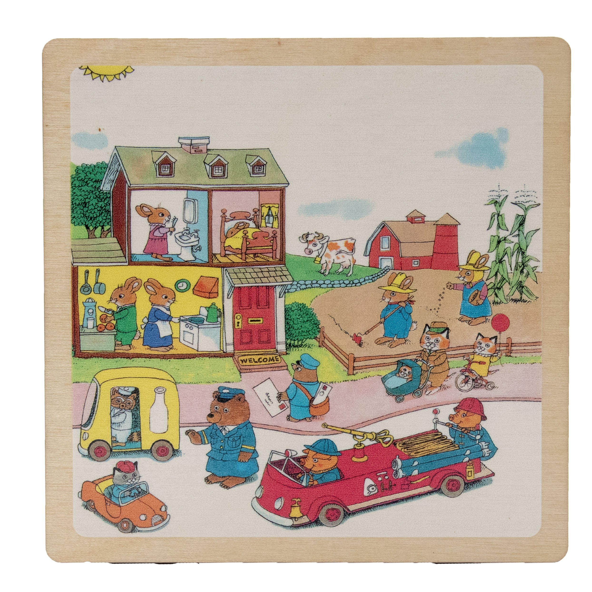 Illustration of anthropomorphic animals engaging in various activities in a town setting. Features a house with animals inside, a farm with animals working, a milk delivery vehicle, and a fire truck driven by animals. Includes a bear postman and anim