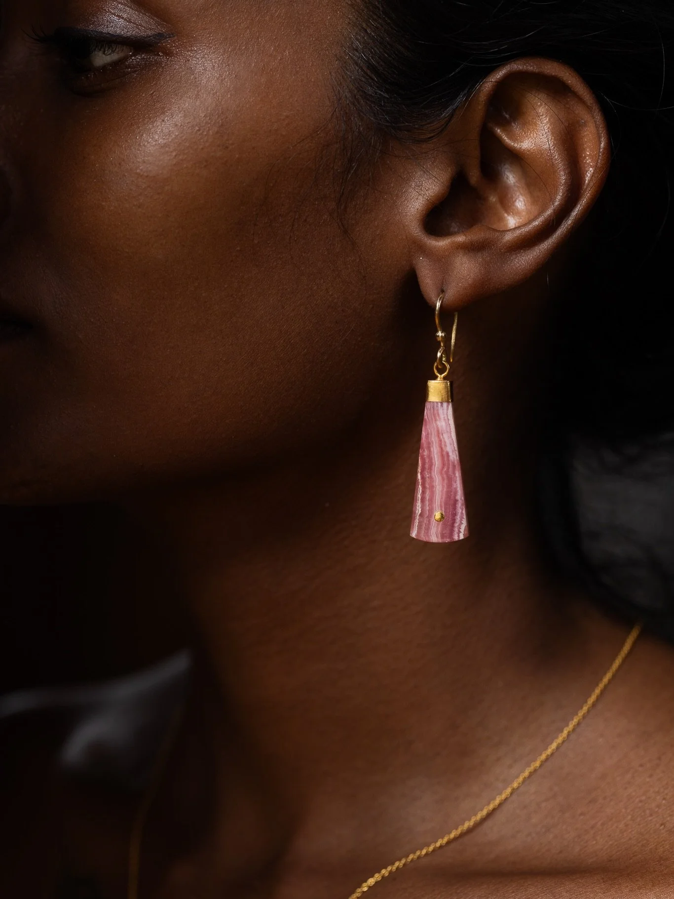 Rhodochrosite drop earrings in 18k, 22k and 24k gold.

An underrated and often overlooked stone in the fine jewellery world, largely because of its softness. Rhodochrosite ranges from soft pinks to deep cherry, layered with streaks of white&hellip; s