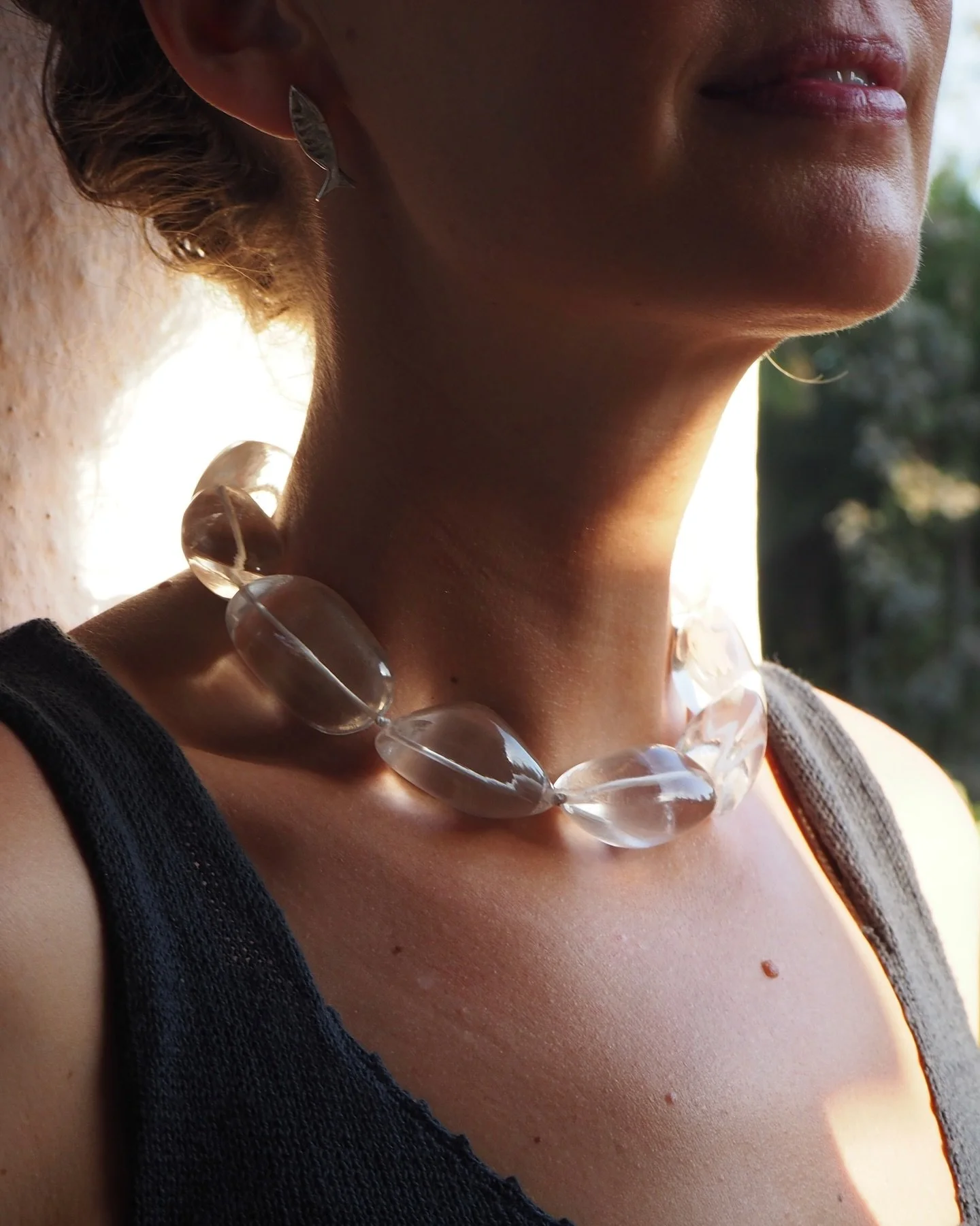 Bold beads and carved gemstones have always been a fabulous statement and one I will continue to stand by. 

This xl pebble necklace is made using fine grade natural rock crystal and has been designed to sit high above the d&eacute;colletage but can 