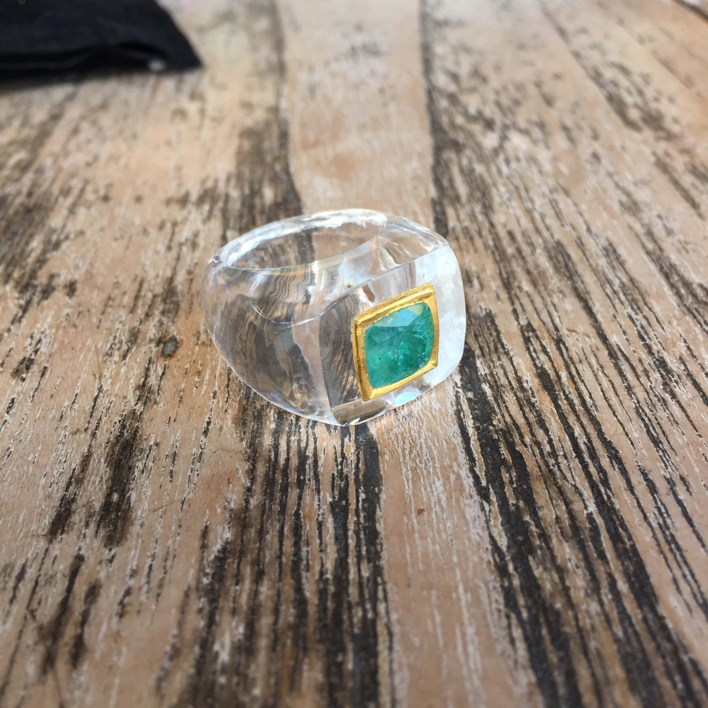 Carved Rock Crystal Ring Set With Tourmaline