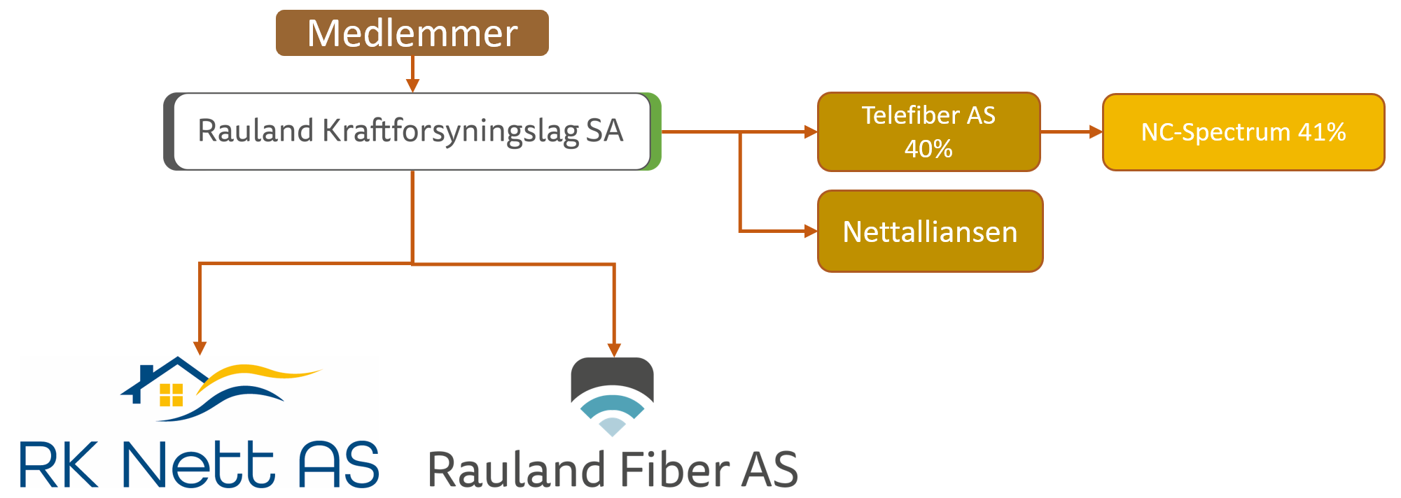 Diagram som viser eierforholdene til Rauland Kraftforsyningslag SA, inkludert datterselskaper RK Nett AS og Rauland Fiber AS, og deres tilknytning til Telefiber AS og Nettalliansen. Diagrammet inkluderer prosentandeler for aksjonærer og datterselskaper.