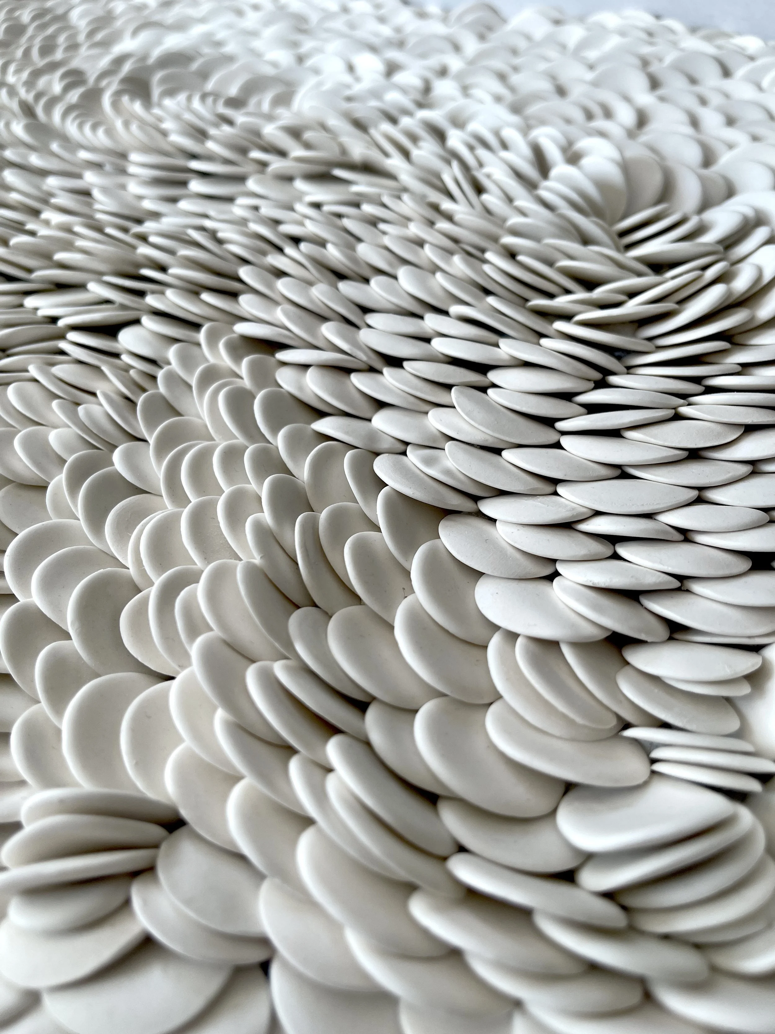 Angled view revealing matte white porcelain highlighting soft textural light and shade across the composition.