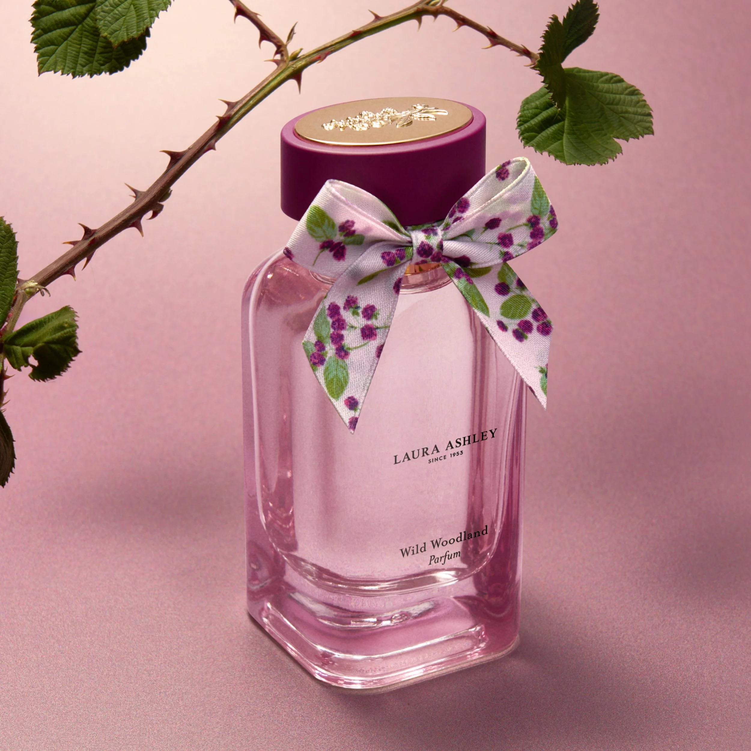 Laura Ashley Parfum bottle design showing custom glass shape design, heritage ribbon and and label detail