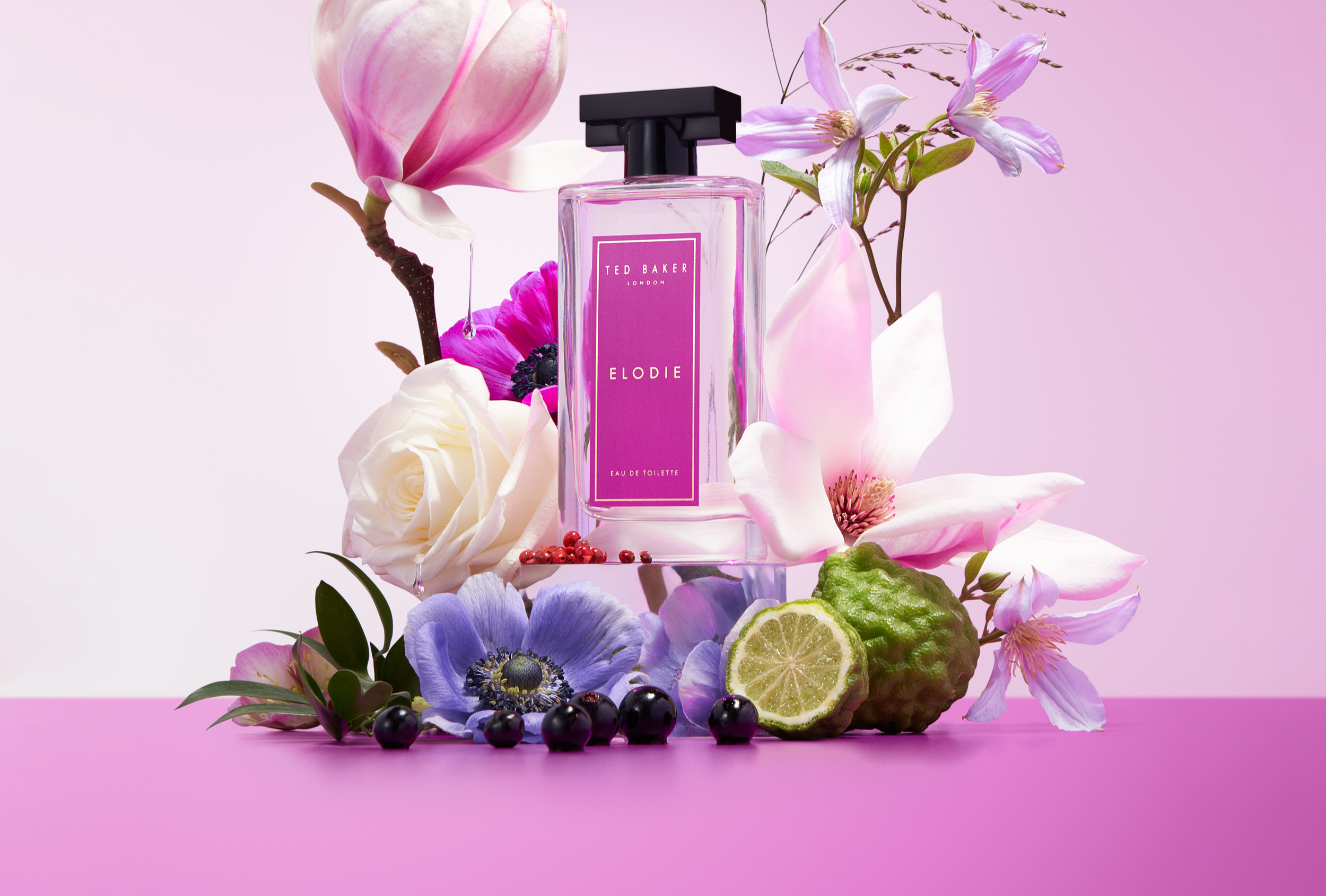 Ted Baker Elodie eau de toilette surrounded by magnolia, rose, anemone and bergamot, Ted Baker fragrance photography and video