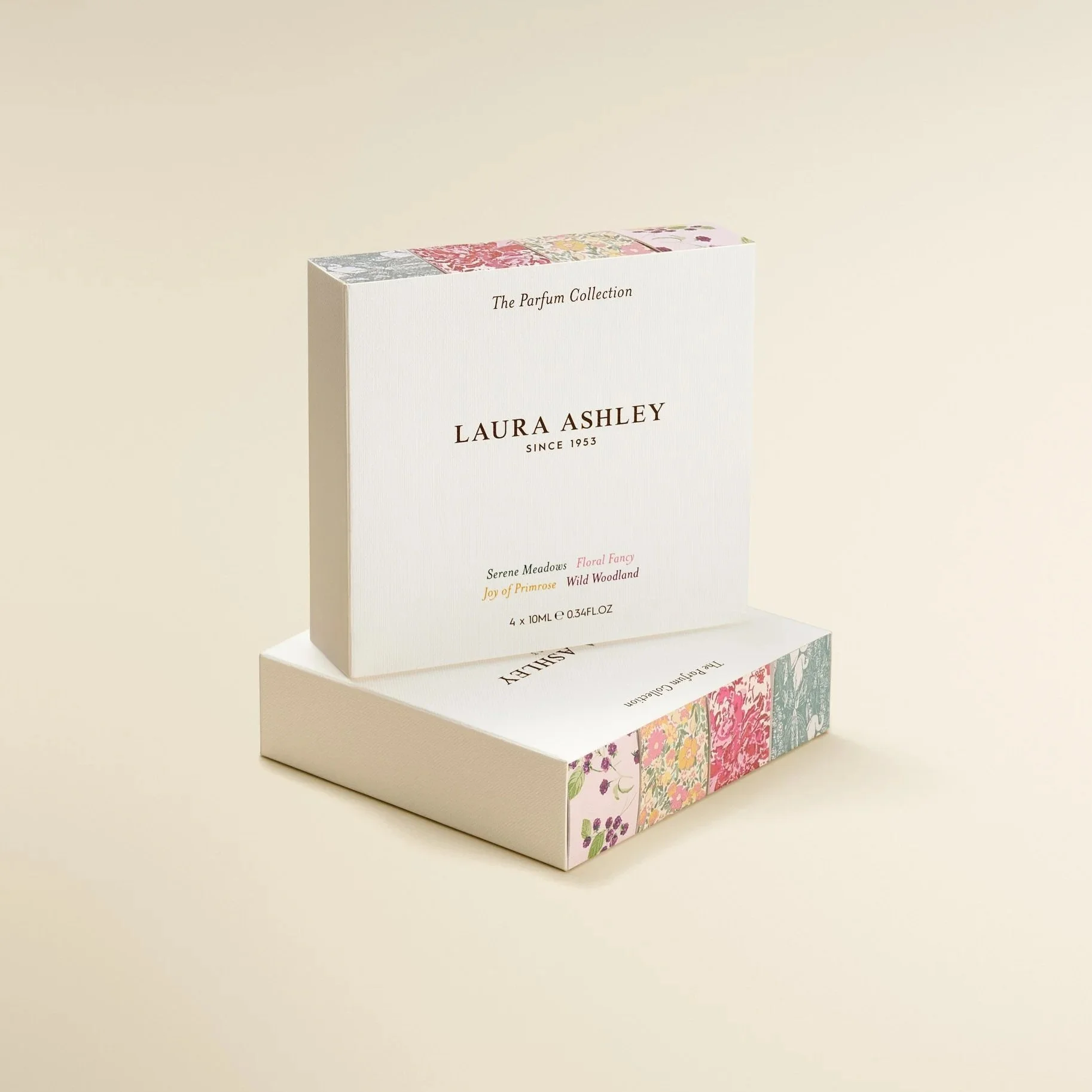 Luxury perfume gift set design by Precious Brands for Laura Ashley Parfum, four 10ml bottles in individual tall boxes